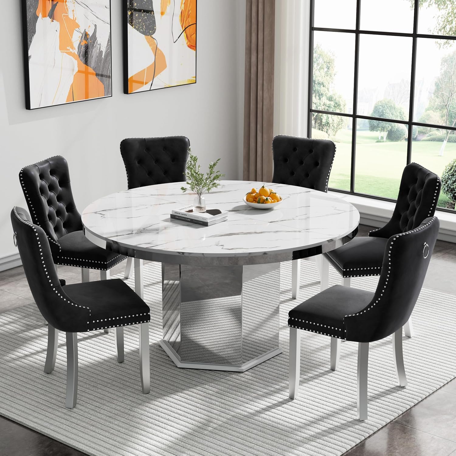 7 Pieces 47'-63' White Faux Marble Extendable Dining Table Set, Round Expanding Kitchen and Dining Room Table Set for 6 with Mirrored Acrylic Base & Black Velvet Upholstered Chairs