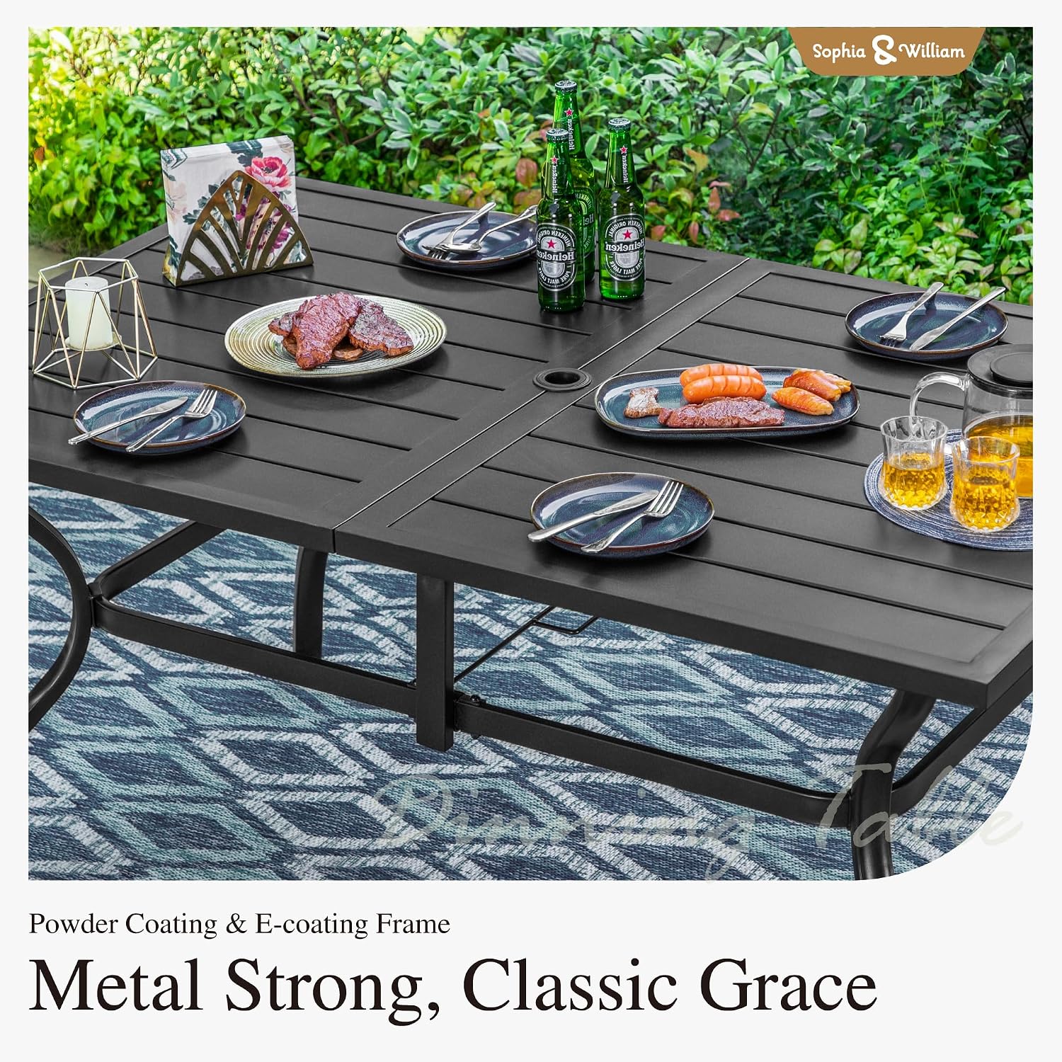 Sophia and William Patio Dining Set for 6, Outdoor Table and Chairs, Removable Seat Cushions, 60' Black Patio Dining Table,Blue