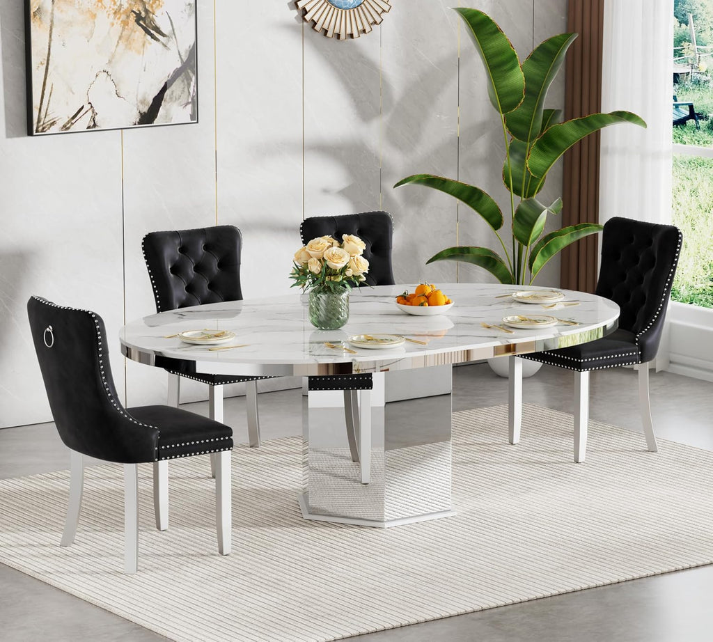 5 Pieces 47'-63' White Faux Marble Extendable Dining Table Set, Round Expanding Kitchen and Dining Room Table Set for 4 with Mirrored Acrylic Base & Black Velvet Upholstered Chairs