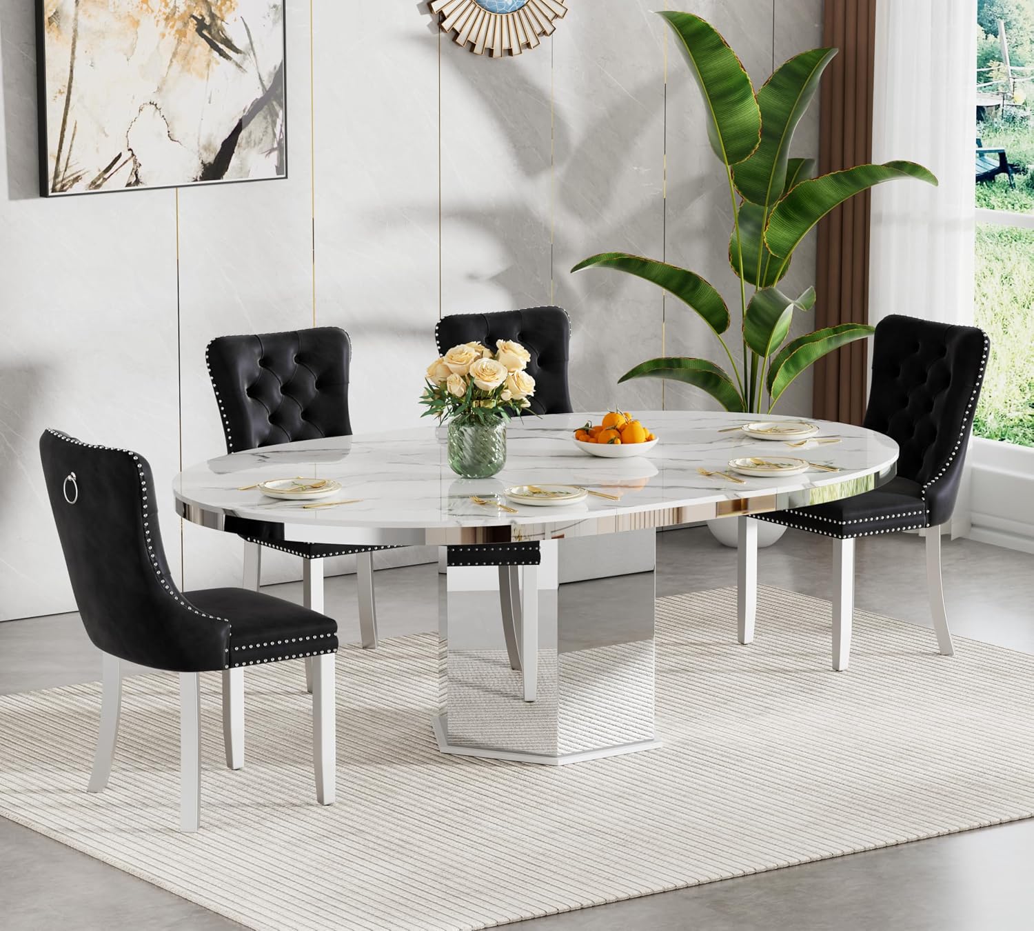 5 Pieces 47'-63' White Faux Marble Extendable Dining Table Set, Round Expanding Kitchen and Dining Room Table Set for 4 with Mirrored Acrylic Base & Black Velvet Upholstered Chairs