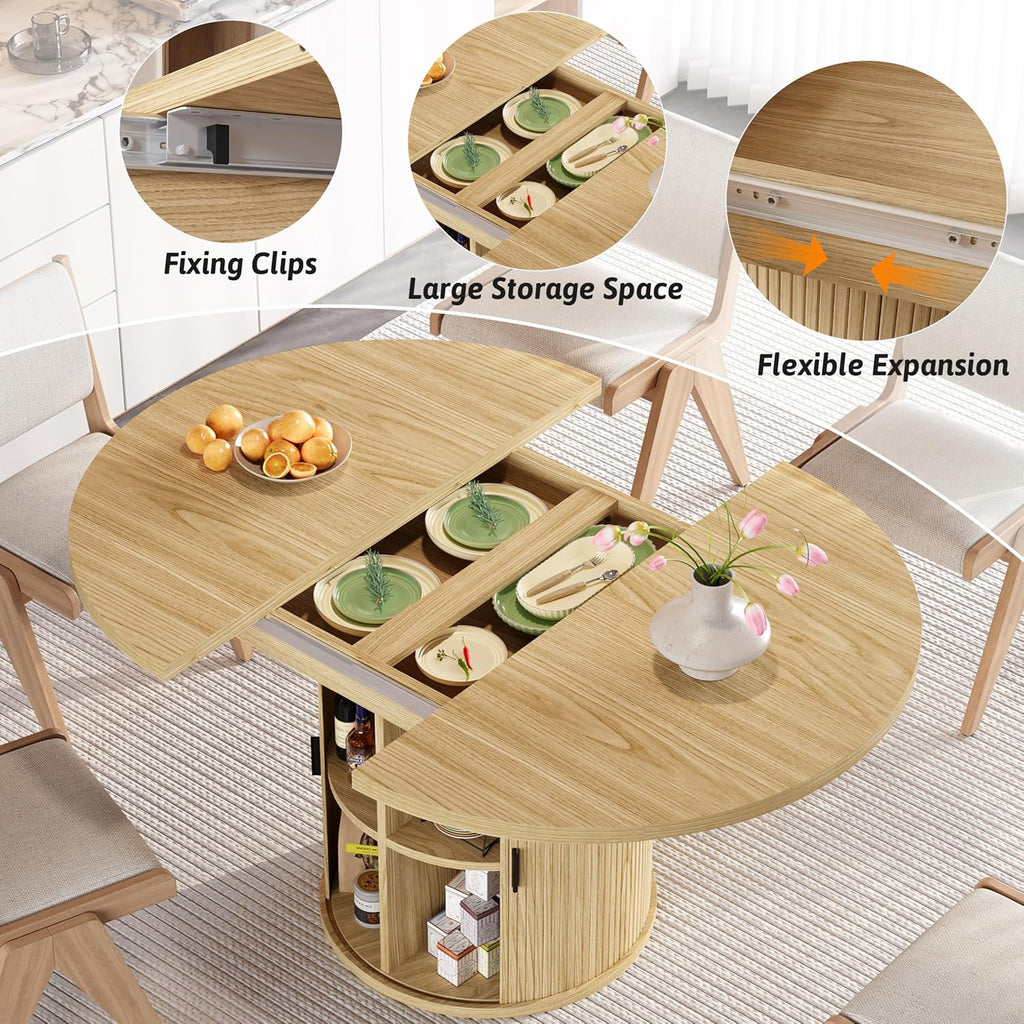 Vipbear Extendable Dining Table 43-59' for 4-6 People, Solid Wood Top with Fluted Slide Door & 8-Compartment Storage, Space Saving Round Dining Room Kitchen Dinner Tables Furniture with Pedestal Base