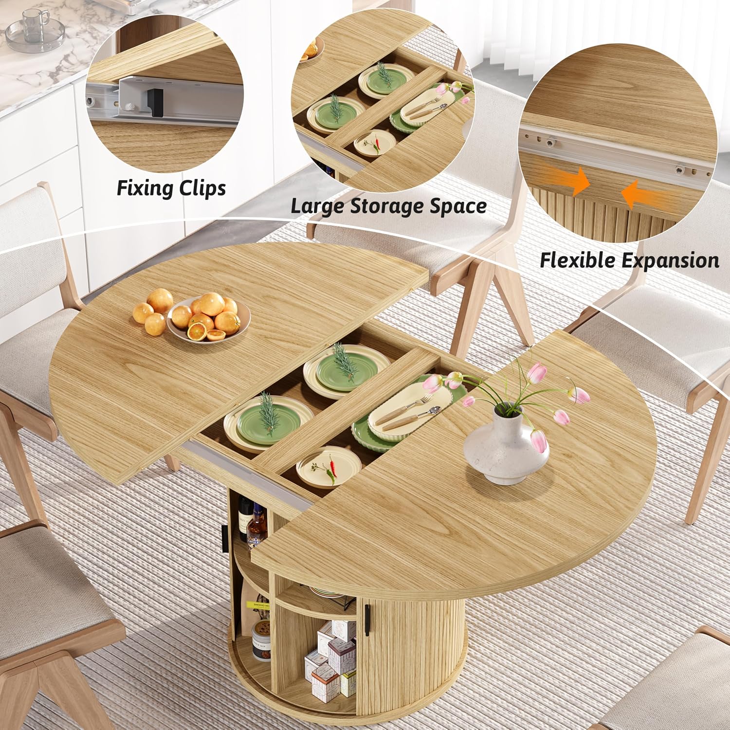 Vipbear Extendable Dining Table 43-59' for 4-6 People, Solid Wood Top with Fluted Slide Door & 8-Compartment Storage, Space Saving Round Dining Room Kitchen Dinner Tables Furniture with Pedestal Base