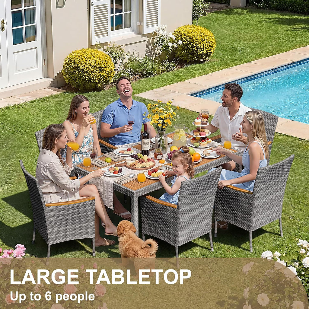 Devoko Dining 7 PCS Furniture, Patio Conversation Set with Acacia Wood Table Top, Outdoor, Beige Cushion and Grey Rattan