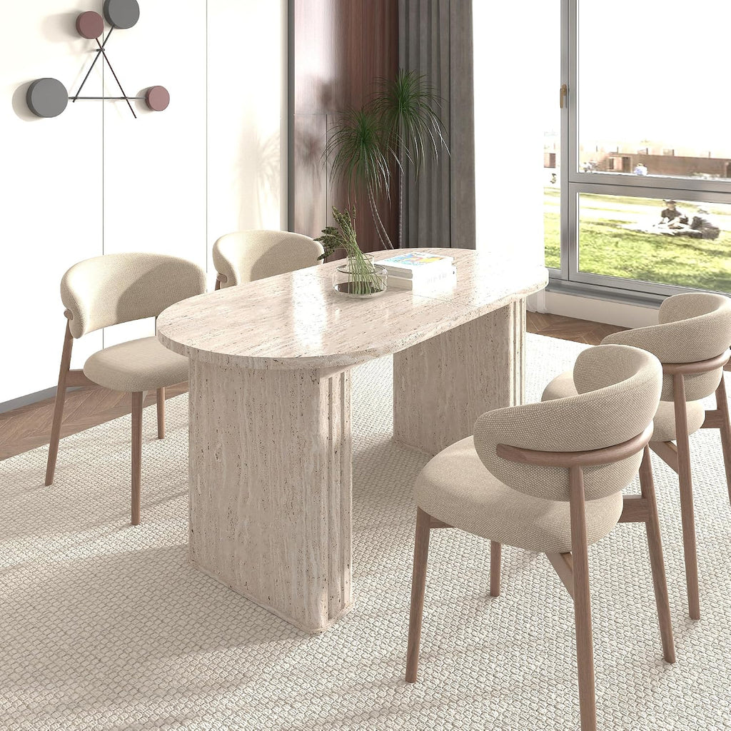 78.74' Extendable Dining Table for 4-8 People,Oval Travertine Inspired Kitchen Table with Wooden Strip Base for Family Living Room,Beige
