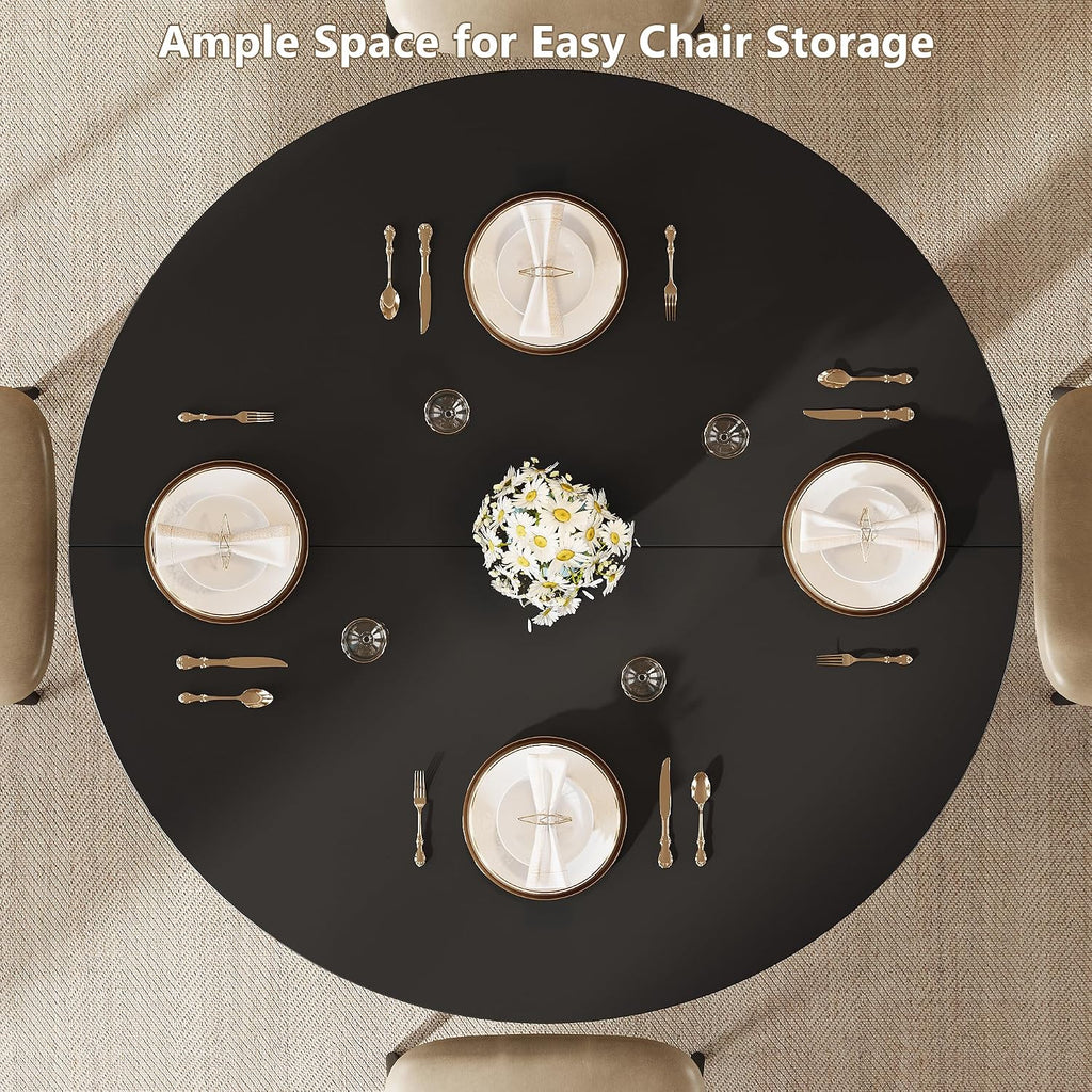 Einhomn Round Dining Table for 4-6, Kitchen Table with Sturdy Double Arc & Rounded Base & Backboard Clasp Desktop, Mid-Century Modern Circle Dinner Table for Dining Living Room, Space Saving, Black