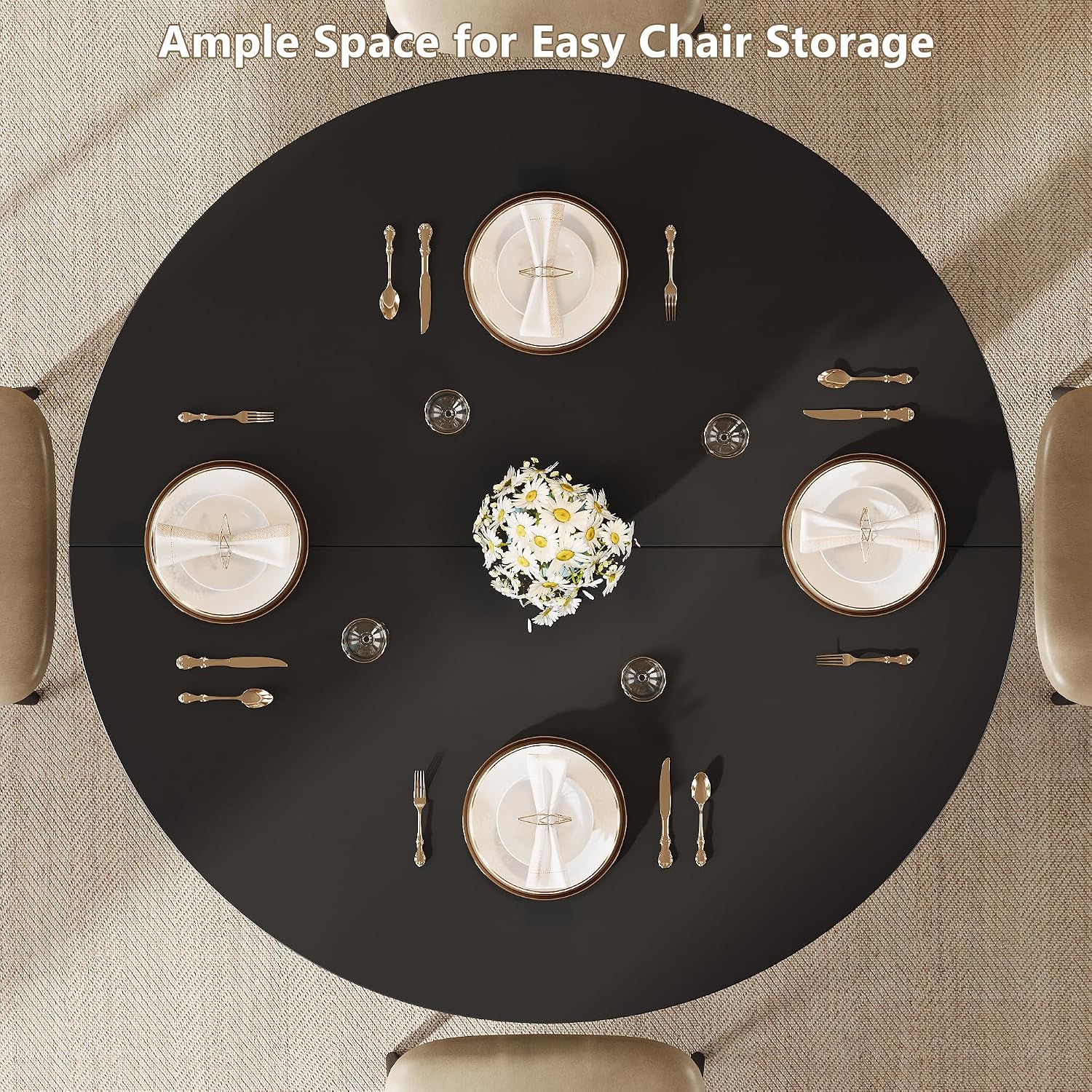 Einhomn Round Dining Table for 4-6, Kitchen Table with Sturdy Double Arc & Rounded Base & Backboard Clasp Desktop, Mid-Century Modern Circle Dinner Table for Dining Living Room, Space Saving, Black