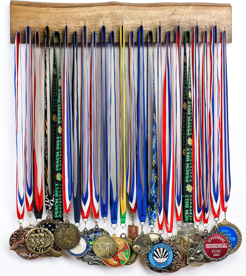 Live-edge Natural Walnut Organizer/Medal Trophy Wood Wall Holder Trophy Medal Ribbon Display Holder Rack Bar Awards Plaques for Sports Running Dance (36, Silver hooks)