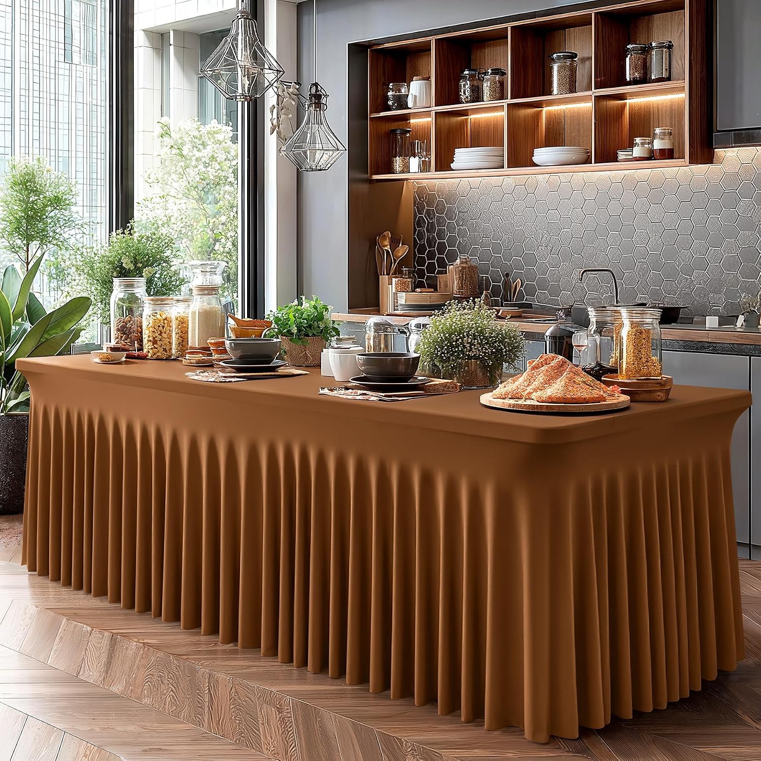 6 Packs Brown Spandex Tableclothes for 8 Foot Rectangle Tables, Wrinkle Free 8ft Fitted Table Cover Stretch Table Cloth Desk Skirt for Weddings Baby Shower Birthday Party Banquet Decorations