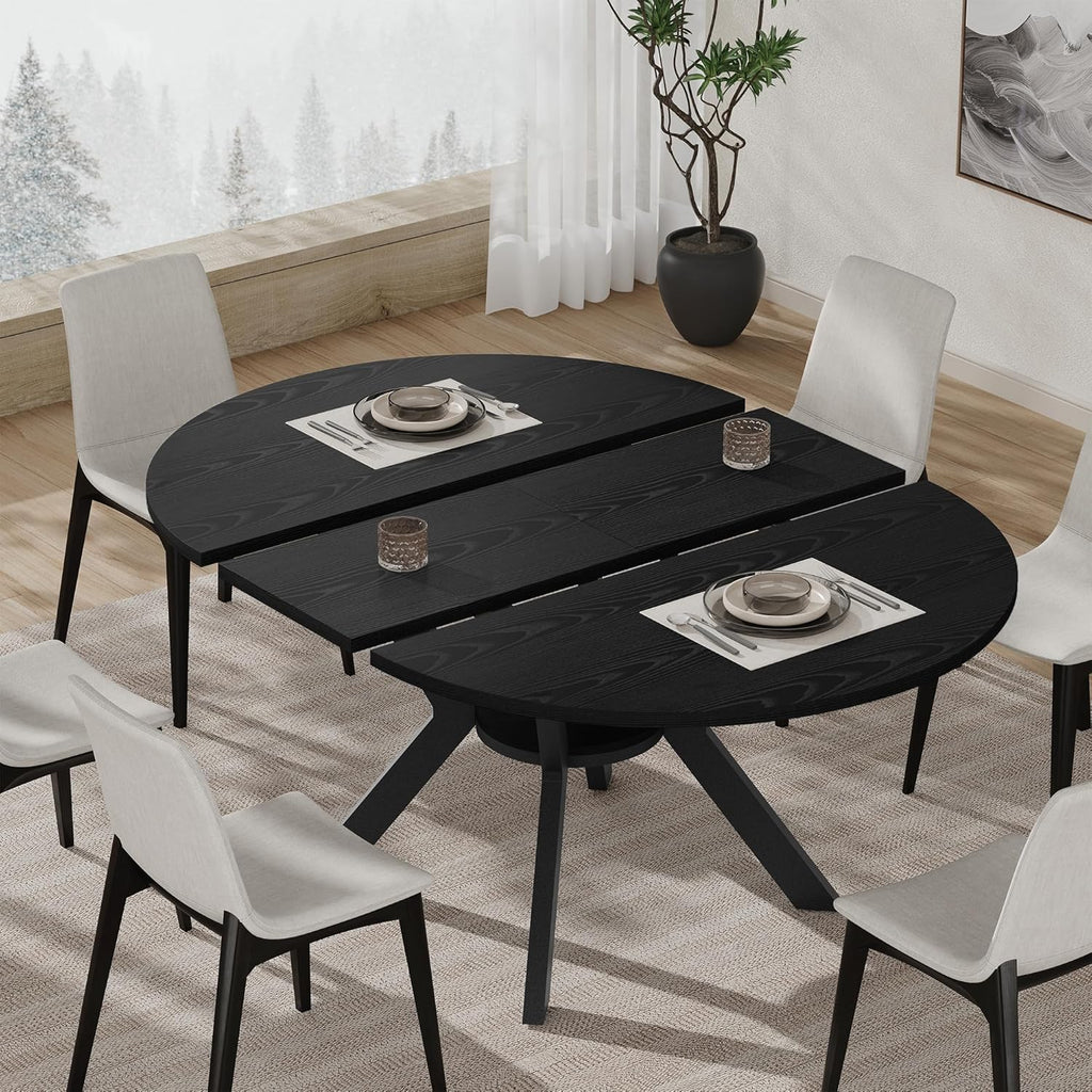 42'-58' Extendable Round Dining Table with Built-in Flip Leaf, Modern Oval Kitchen Table for 4-6, Space-Saving Small Room Furniture with Storage Shelf and X-Shaped Metal Base for Kitchen, Dining Room