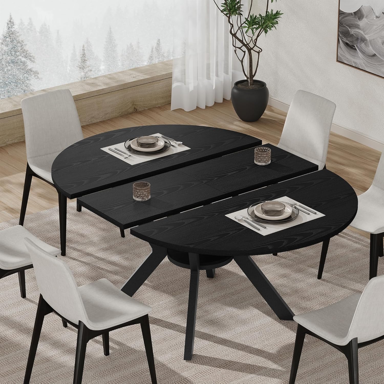 42'-58' Extendable Round Dining Table with Built-in Flip Leaf, Modern Oval Kitchen Table for 4-6, Space-Saving Small Room Furniture with Storage Shelf and X-Shaped Metal Base for Kitchen, Dining Room