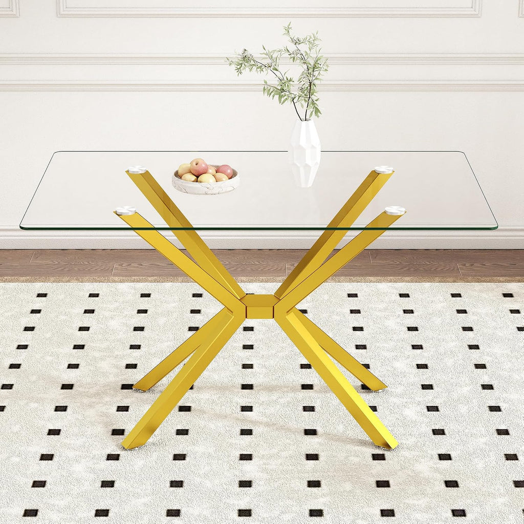 Dining Table Modern Tempered Glass Dinner Table, Rectangle Kitchen Table with Sturdy Metal Legs, Contemporary Minimalist Design, Ideal for Dining Room, Kitchen, or Small Spaces (Golden, 47.24')