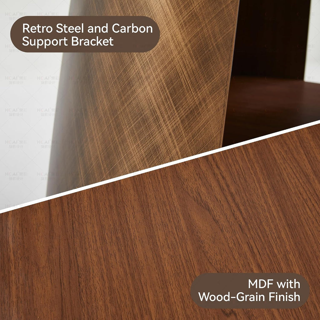 47' Round Dining Table for 4 to 6, Mid Century Modern Dining Table with Brushed Carbon Steel Base & Storage Shelf, Space Saving Kitchen Dining Room Table for Living Room Apartment Small Space, Walnut
