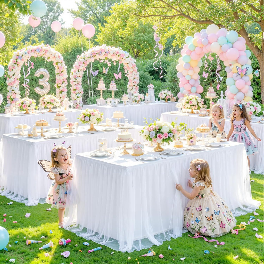 6 Pack White Table Cloth for 6 Foot Rectangle Tables, White Stretch Fitted Tulle Table Covers Skirt, Rectangular Ruffle Tutu Tablecloth Wedding Banquet Baby Shower Cake Tablecloths Decorations