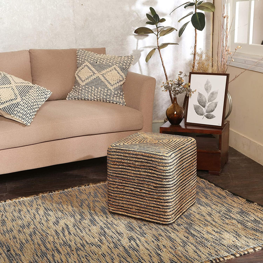 REDEARTH · Cube Pouf Foot Stool Ottoman - Jute Braided Pouffe Poof Accent Sitting Footrest for The Living Room, Bedroom, Nursery, Lounge 50% Jute 50% Cotton Set of 2 (14.5'X14.5'X16'; Natural Black)