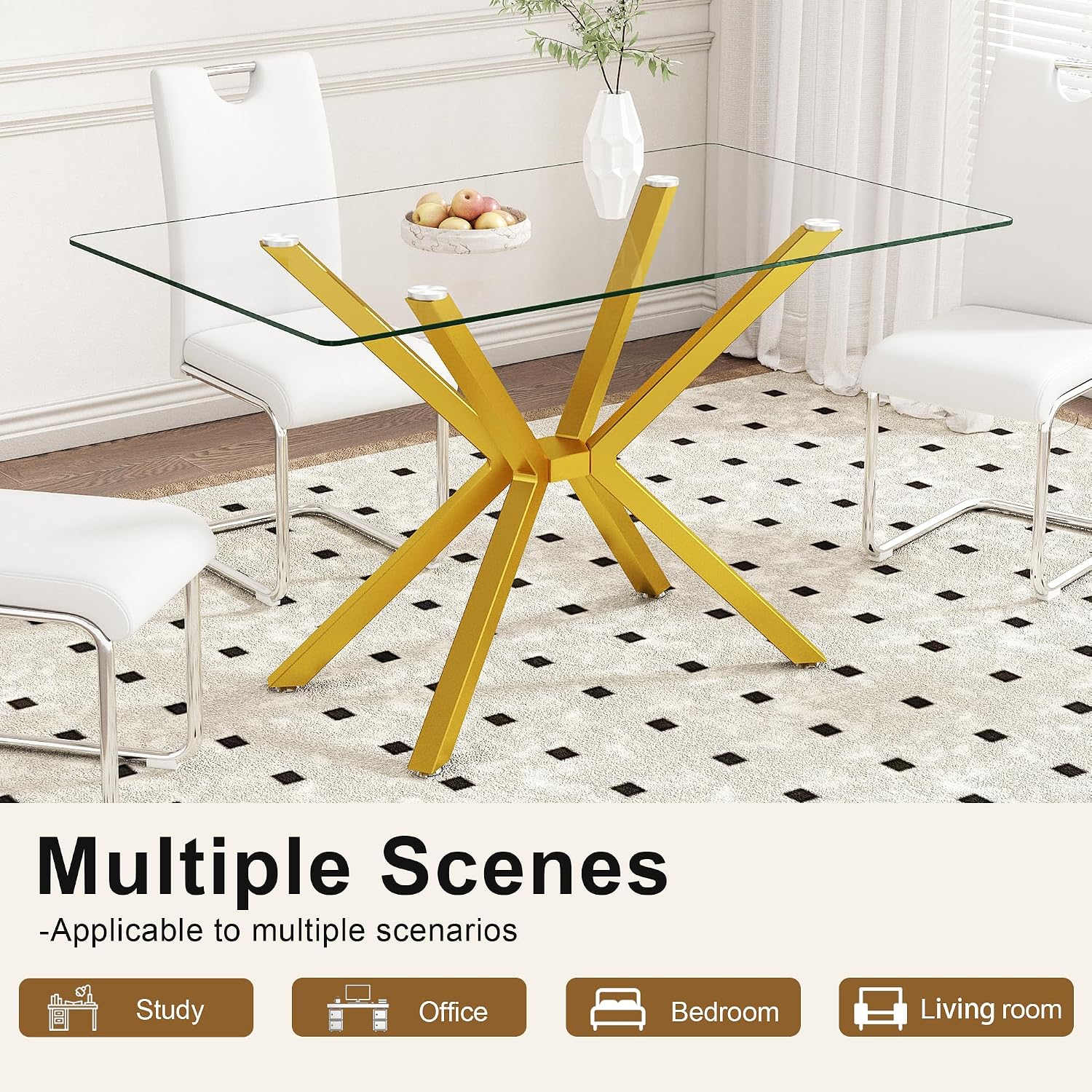 Dining Table Modern Tempered Glass Dinner Table, Rectangle Kitchen Table with Sturdy Metal Legs, Contemporary Minimalist Design, Ideal for Dining Room, Kitchen, or Small Spaces (Golden, 47.24')