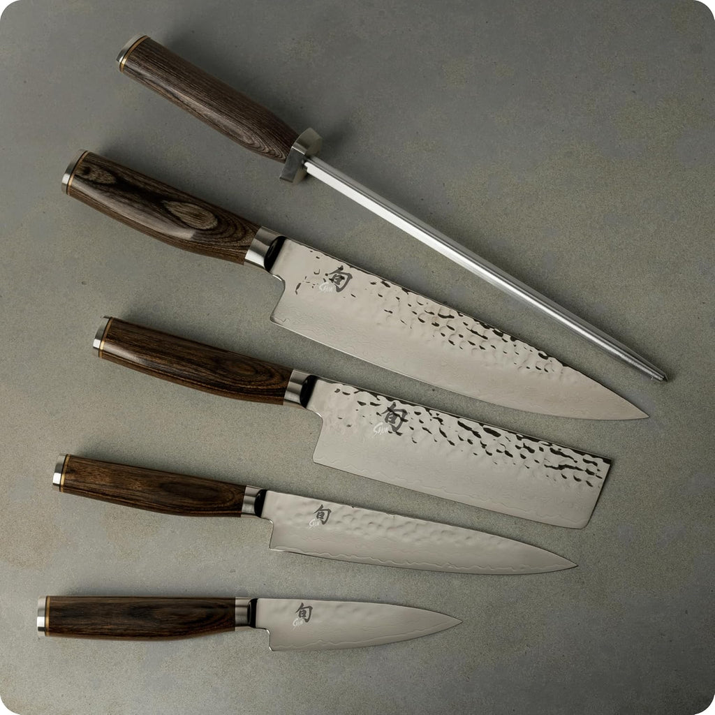 Shun Premier 6 Piece Block Set, Includes 8' Chef, 4' Paring, 5.5' Nakiri, 6.5' Utility Knives, Honing Steel & 8-Slot Angled Knife Block, Handcrafted Japanese Knife Set, Pakkawood Handles