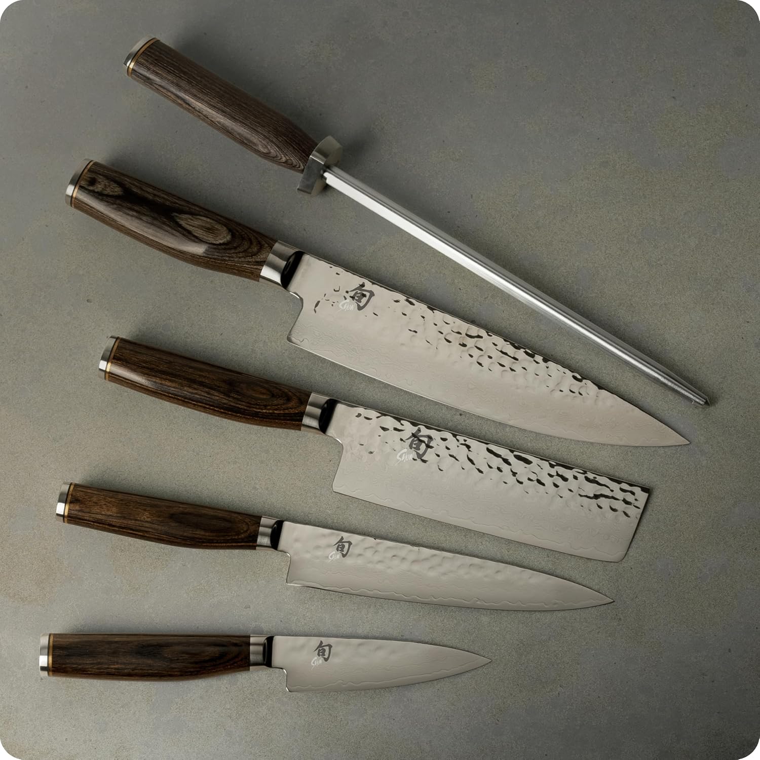 Shun Premier 6 Piece Block Set, Includes 8' Chef, 4' Paring, 5.5' Nakiri, 6.5' Utility Knives, Honing Steel & 8-Slot Angled Knife Block, Handcrafted Japanese Knife Set, Pakkawood Handles
