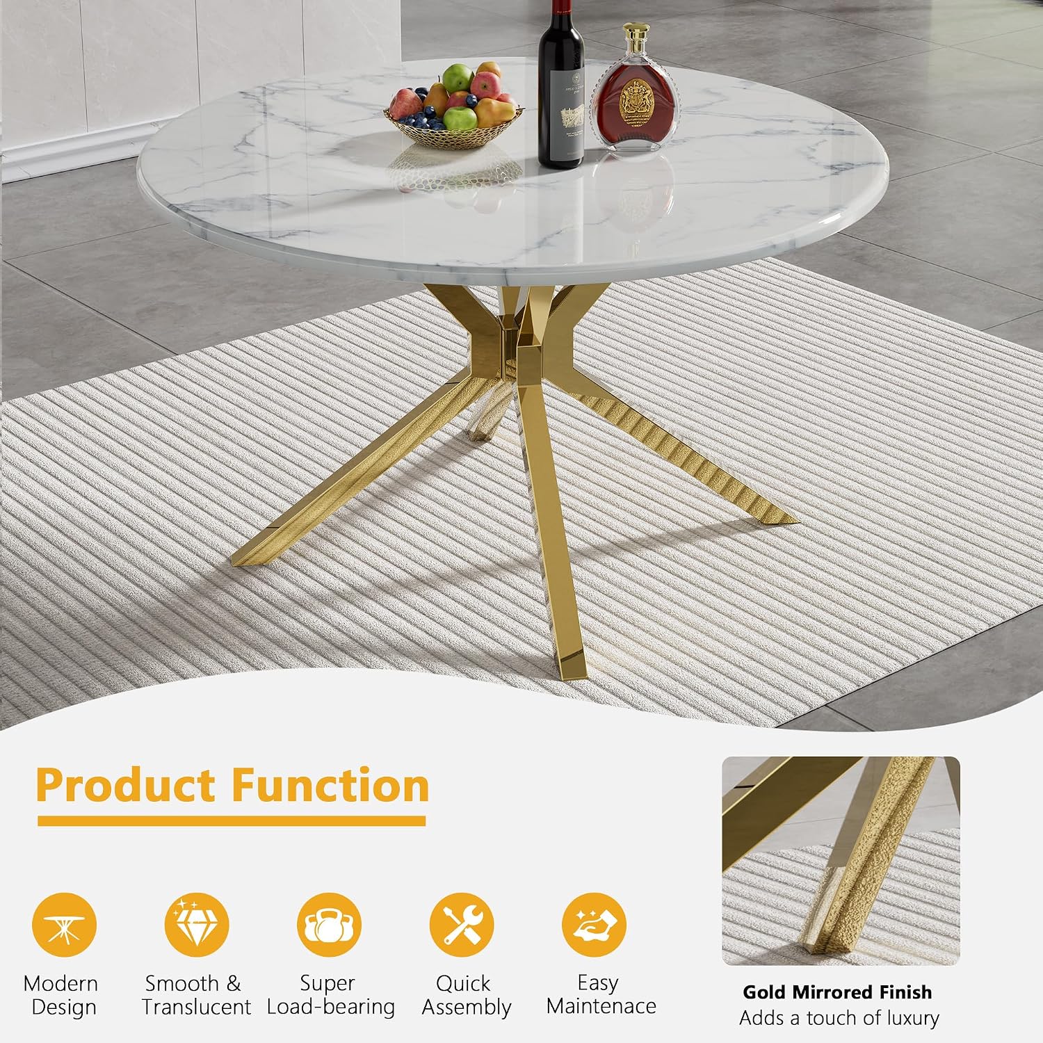 45.28' White Round Marble Dining Table, Circle Dining Room Table with Faux Marble Top & Gold Stainless Steel Leg, Modern Kitchen Table for 2 to 4 Person, Small Round Dinner Table for Dinette Breakfast