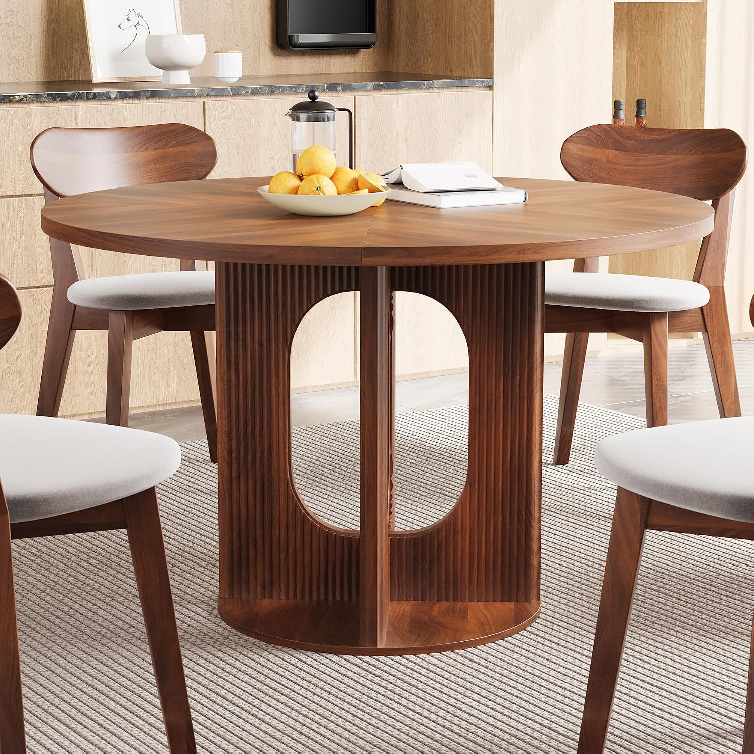 weselon Farmhouse Round Fluted Dining Table for 4, 47 Inch Circle Kitchen Table with Wooden Pedestal Base, Dinner Tables for Home Living Room Kitchen (Walnut)