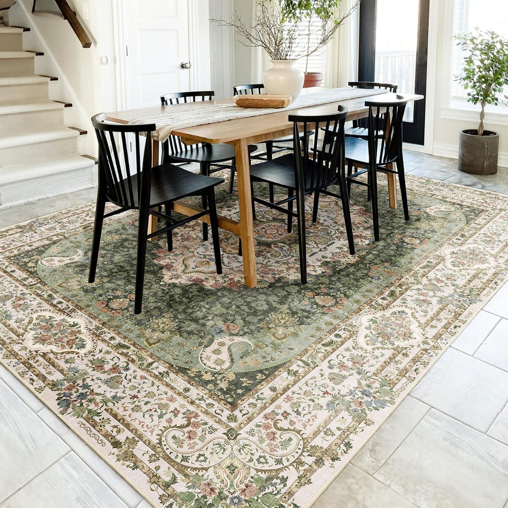 8x10 Area Rugs Washable,Green Rug for Living Room Bedroom Dining Room,Large Boho Vintage Bohemian Distressed Carpet Non Slip,Floral