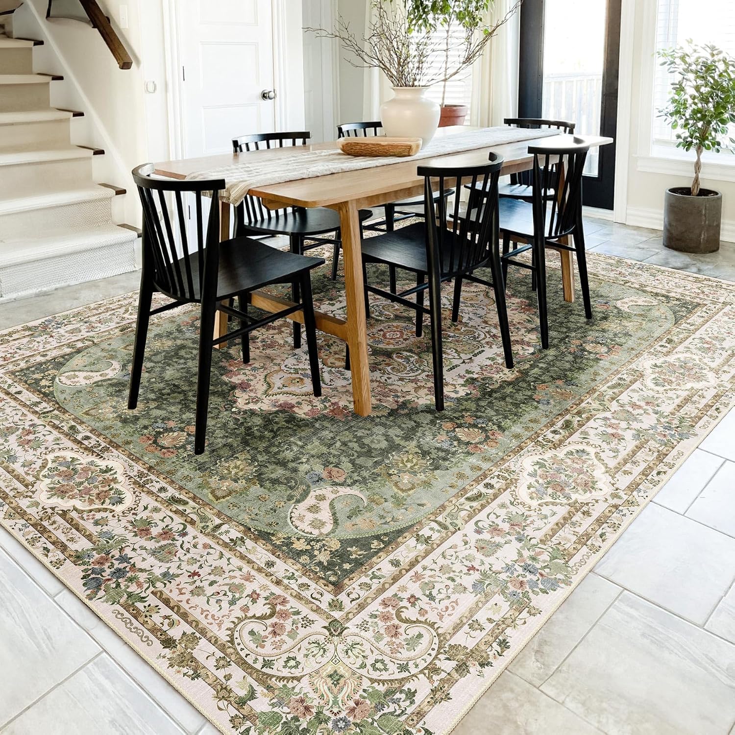 8x10 Area Rugs Washable,Green Rug for Living Room Bedroom Dining Room,Large Boho Vintage Bohemian Distressed Carpet Non Slip,Floral