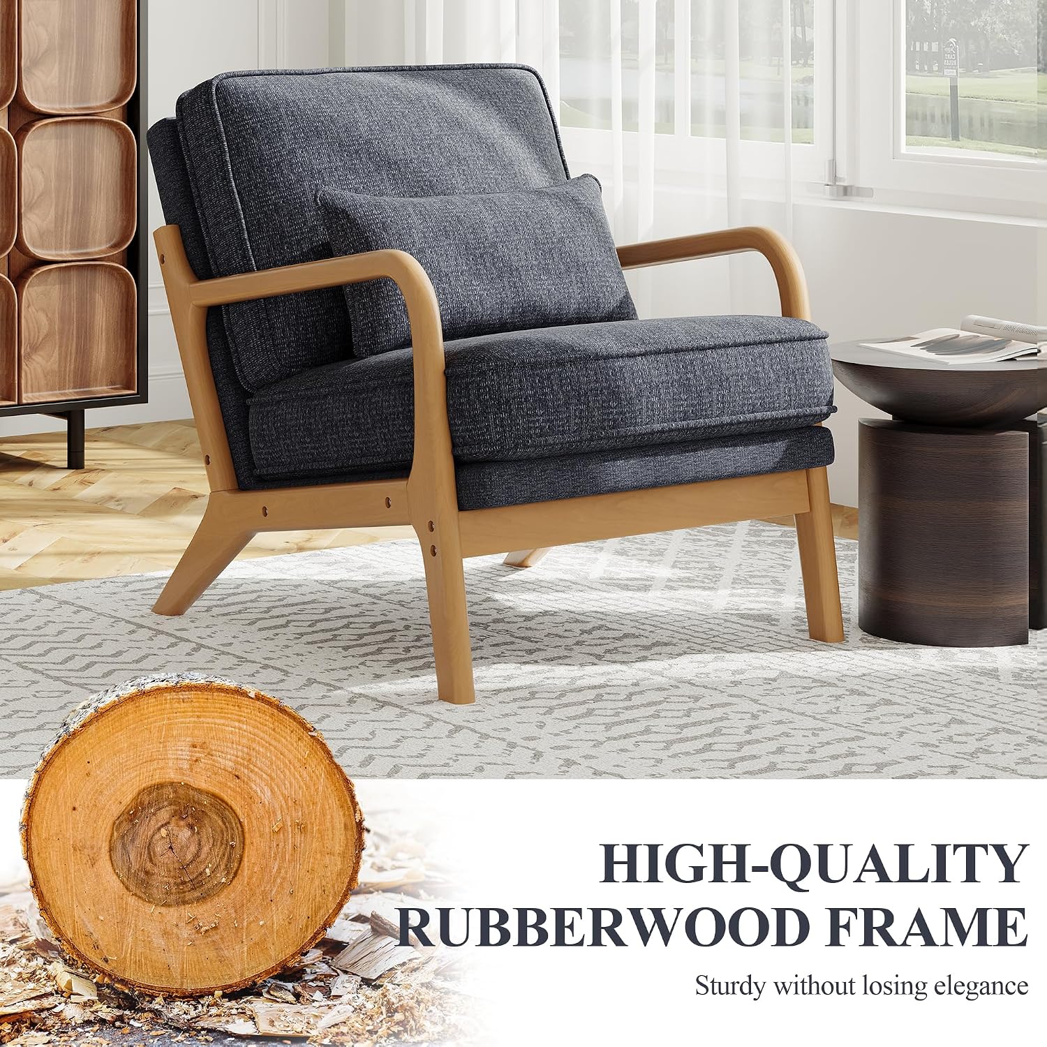MALOL Accent Chair Set of 2 with Solid Wood Frame, Mid-Century Relaxing Armchair Lumbar Pillow& Soft Cushion, Reading Leisure Chair for Living Room, Bedroom, Waiting Room-Blue