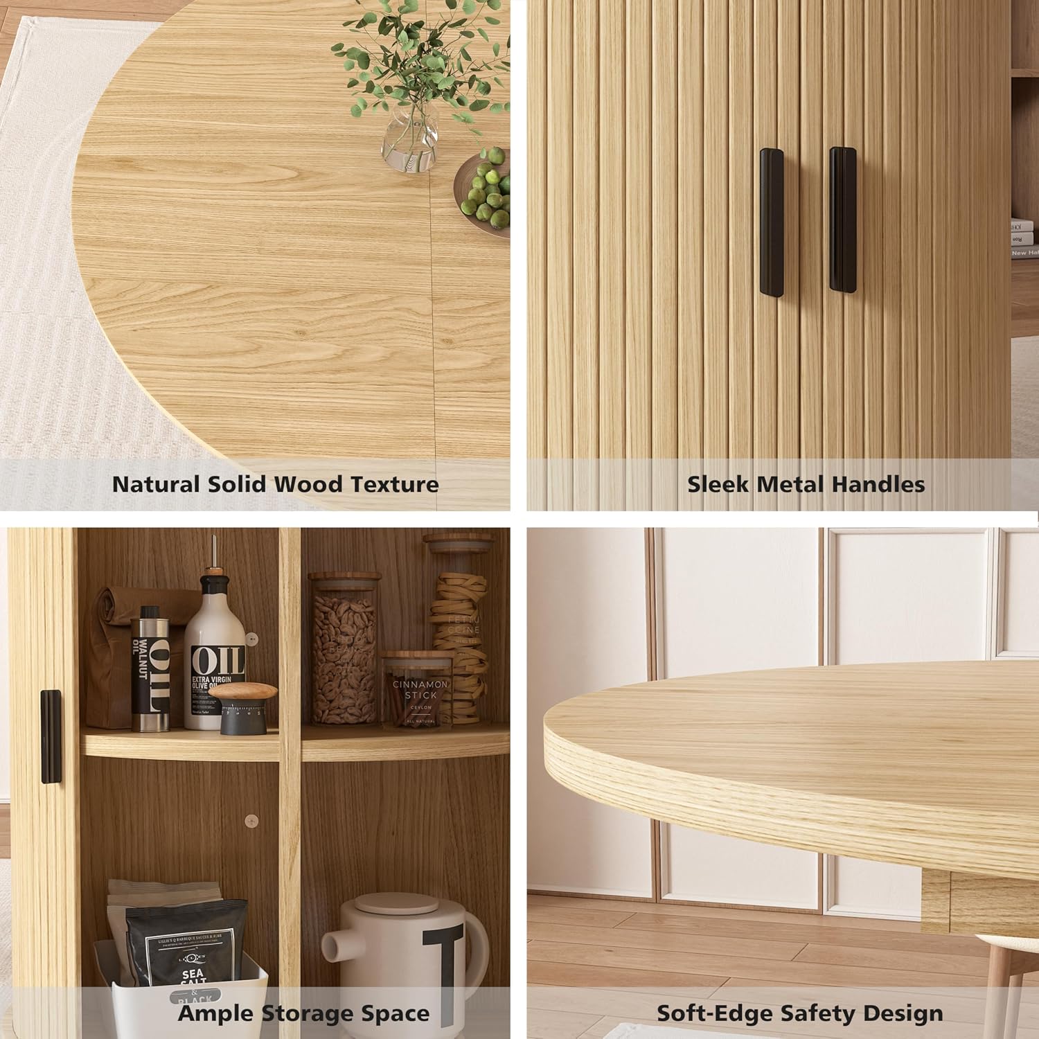 Vipbear Extendable Dining Table 43-59' for 4-6 People, Solid Wood Top with Fluted Slide Door & 8-Compartment Storage, Space Saving Round Dining Room Kitchen Dinner Tables Furniture with Pedestal Base