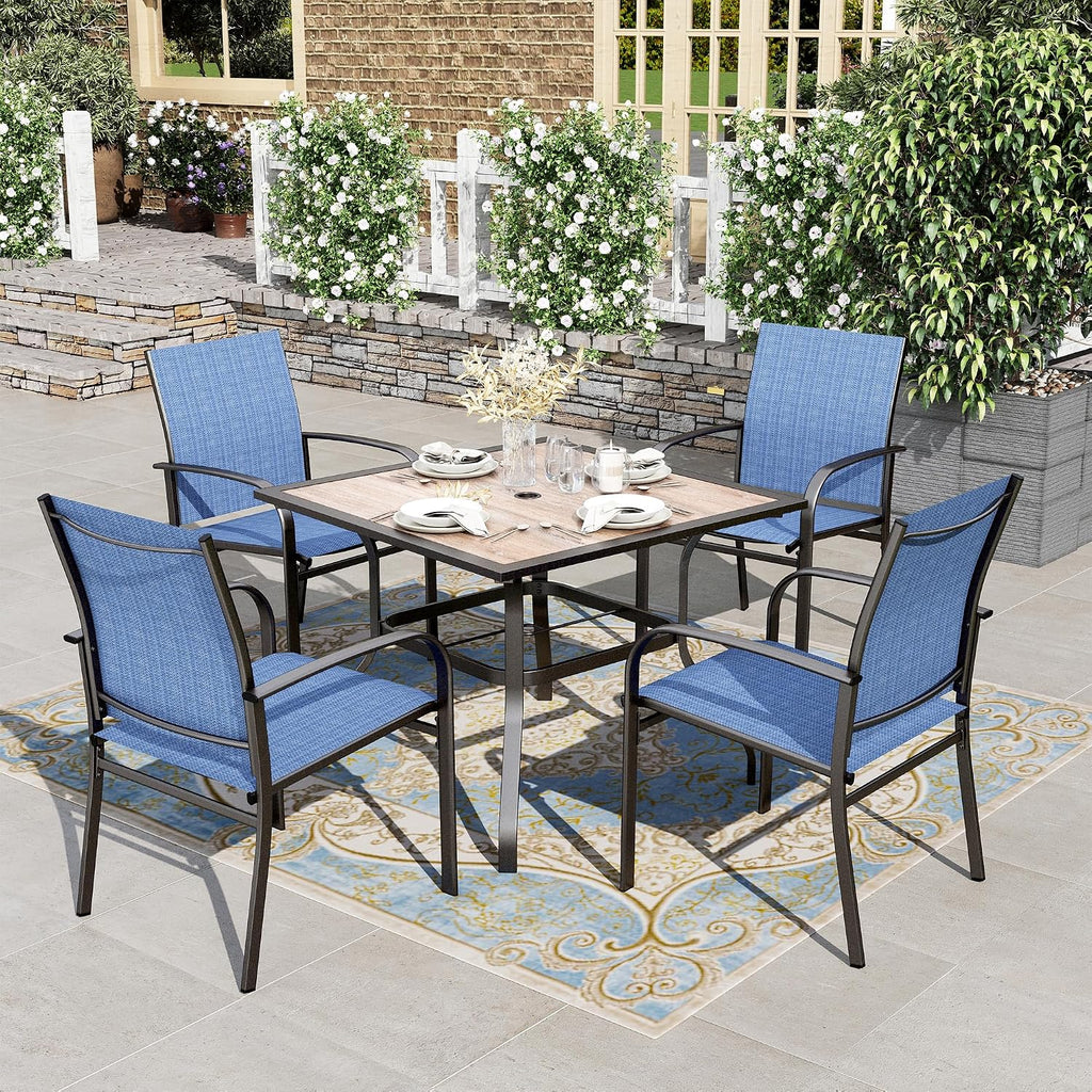 HERA'S HOUSE Patio Table and Chairs for 4, 5 Pieces Outdoor Dining Sets, Square Metal Table Set with Textilene Dining Chairs for Lawn Garden Backyard, Blue