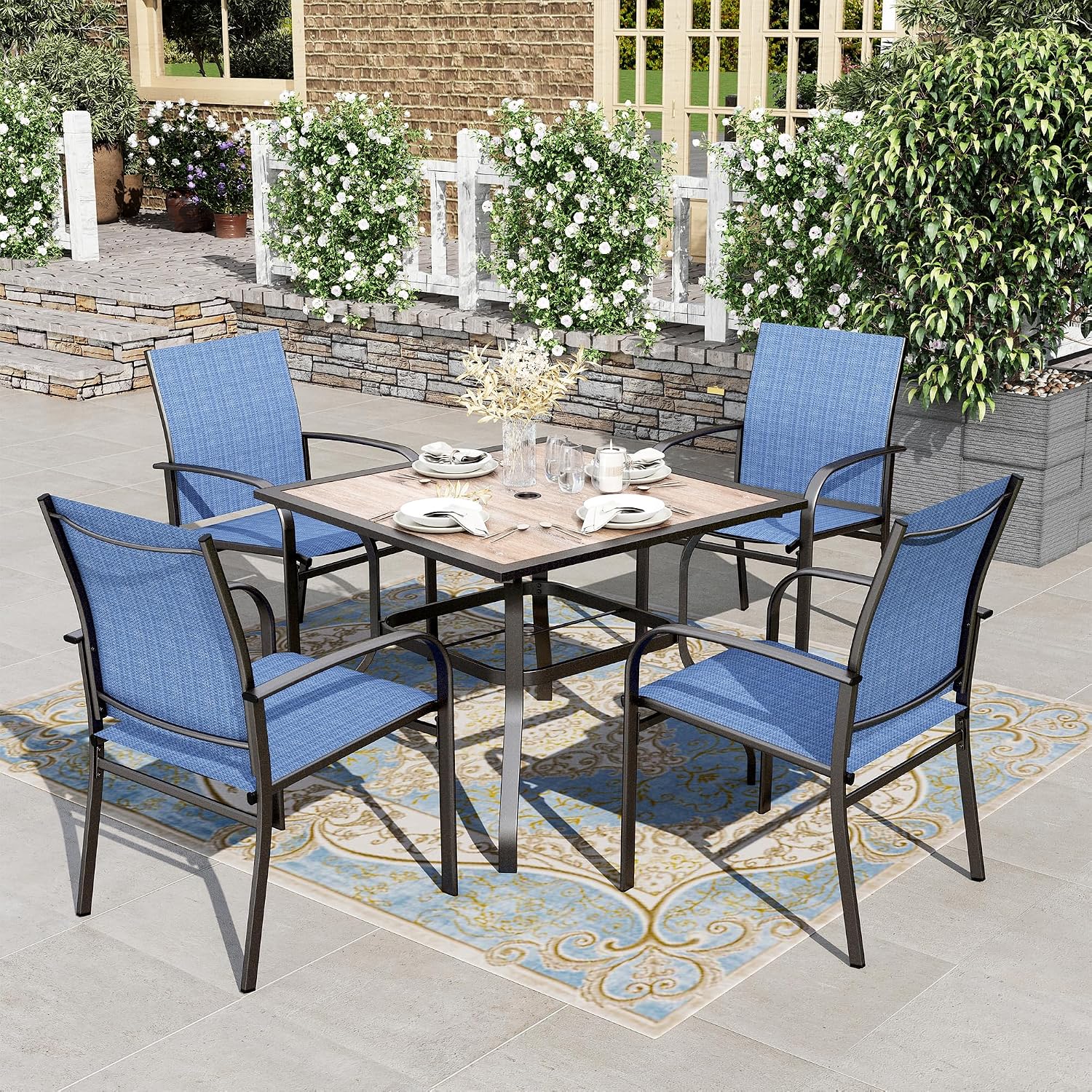 HERA'S HOUSE Patio Table and Chairs for 4, 5 Pieces Outdoor Dining Sets, Square Metal Table Set with Textilene Dining Chairs for Lawn Garden Backyard, Blue
