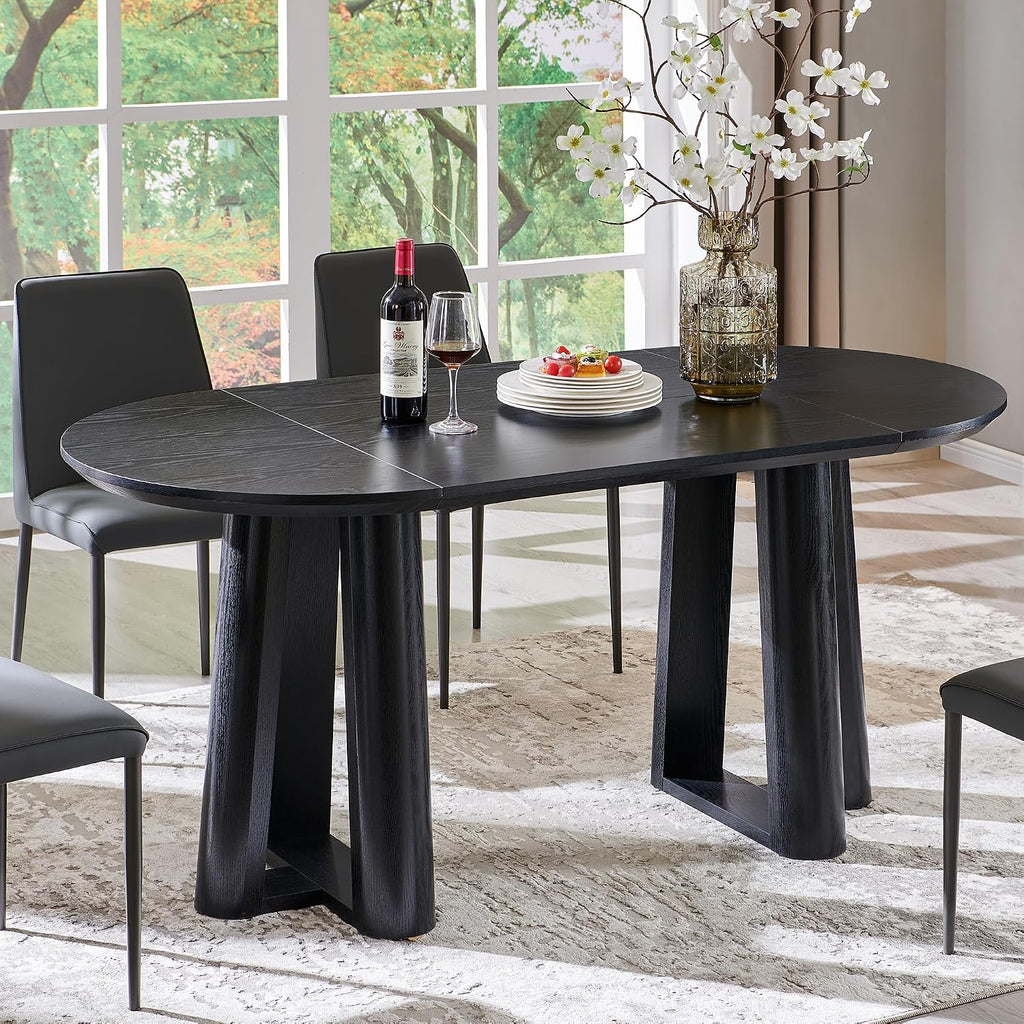 OKD 63' Dining Table for 6-8, Oval Dining Room Table with Triangular Structure Pedestal Stable Base, Curved Table Edge, Circle Kitchen Tables for Dining Room, Kitchen, Black Oak