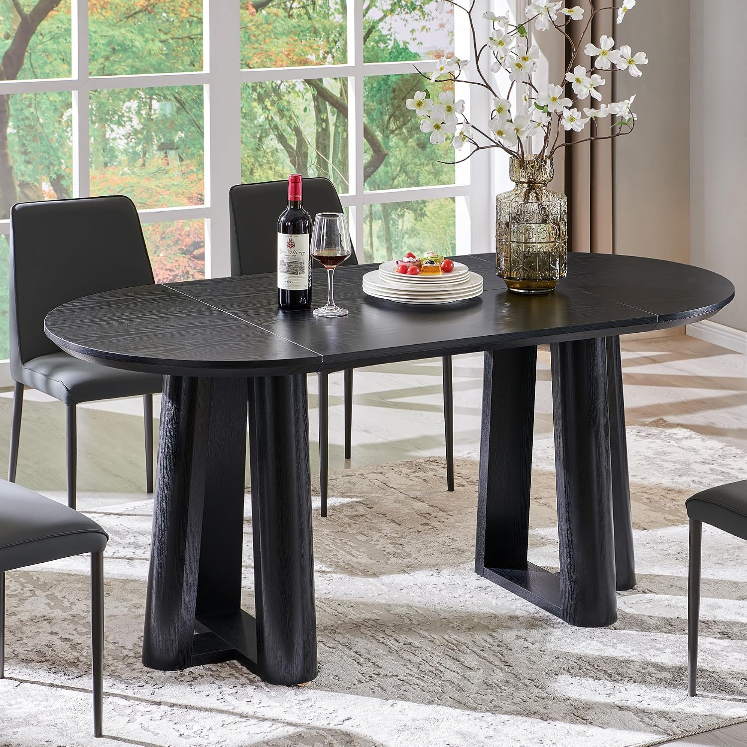 OKD 63' Dining Table for 6-8, Oval Dining Room Table with Triangular Structure Pedestal Stable Base, Curved Table Edge, Circle Kitchen Tables for Dining Room, Kitchen, Black Oak