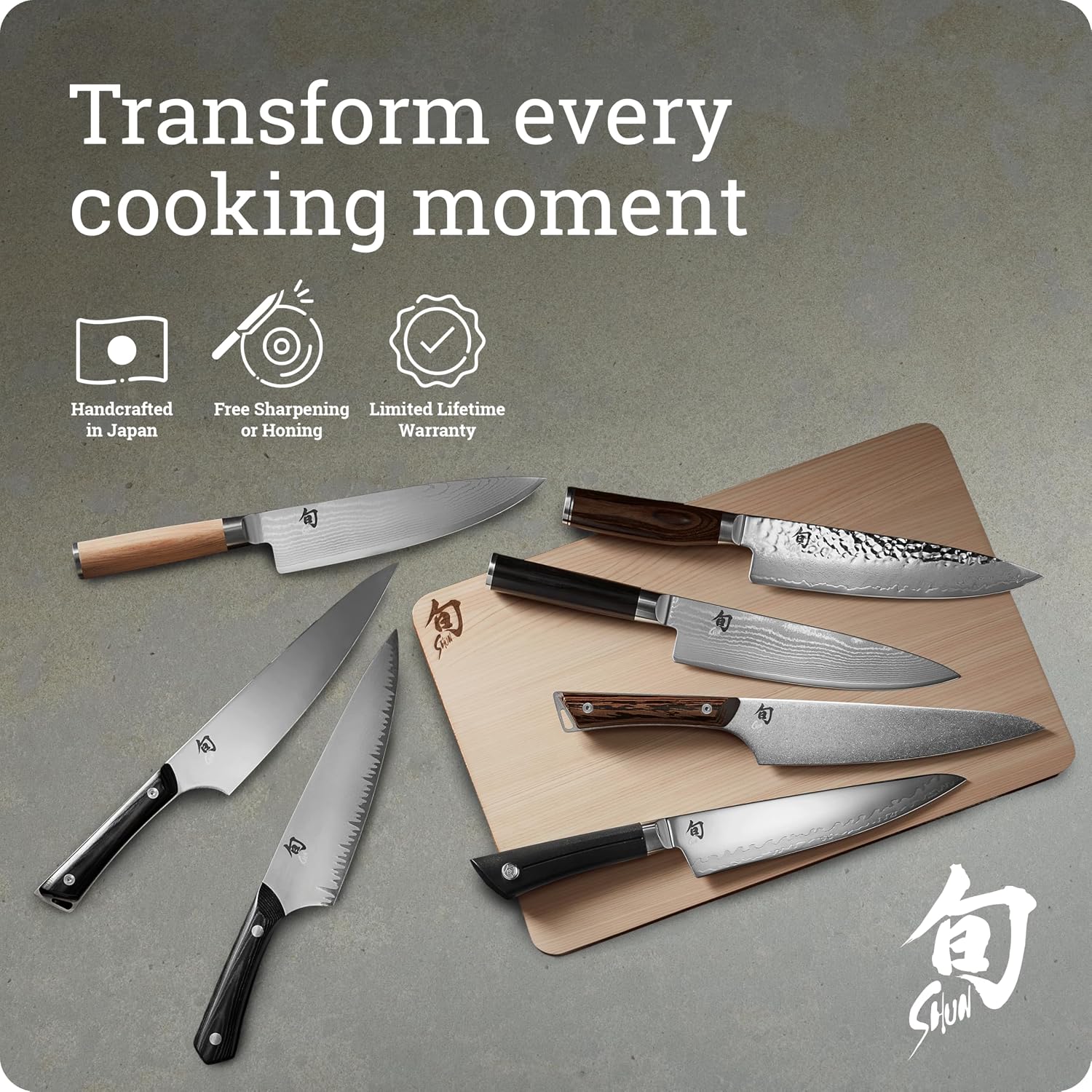 Shun Premier 6 Piece Block Set, Includes 8' Chef, 4' Paring, 5.5' Nakiri, 6.5' Utility Knives, Honing Steel & 8-Slot Angled Knife Block, Handcrafted Japanese Knife Set, Pakkawood Handles