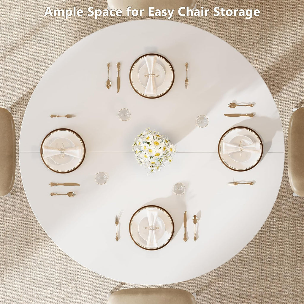 Einhomn Round Dining Table for 4-6, Kitchen Table with Sturdy Double Arc & Rounded Base & Backboard Clasp Desktop, Mid-Century Modern Circle Dinner Table for Dining Living Room, Space Saving, White