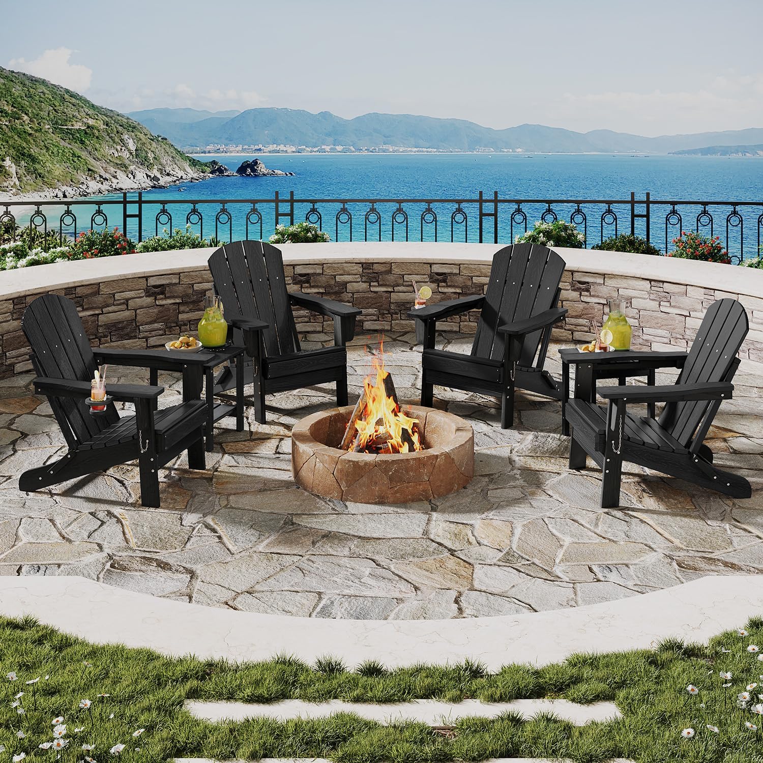 Folding Adirondack Chair, All-Weather HDPE Outdoor Chair, Wooden Textured with Cup Holder for patios, Decks, Gardens, fire pits, Black