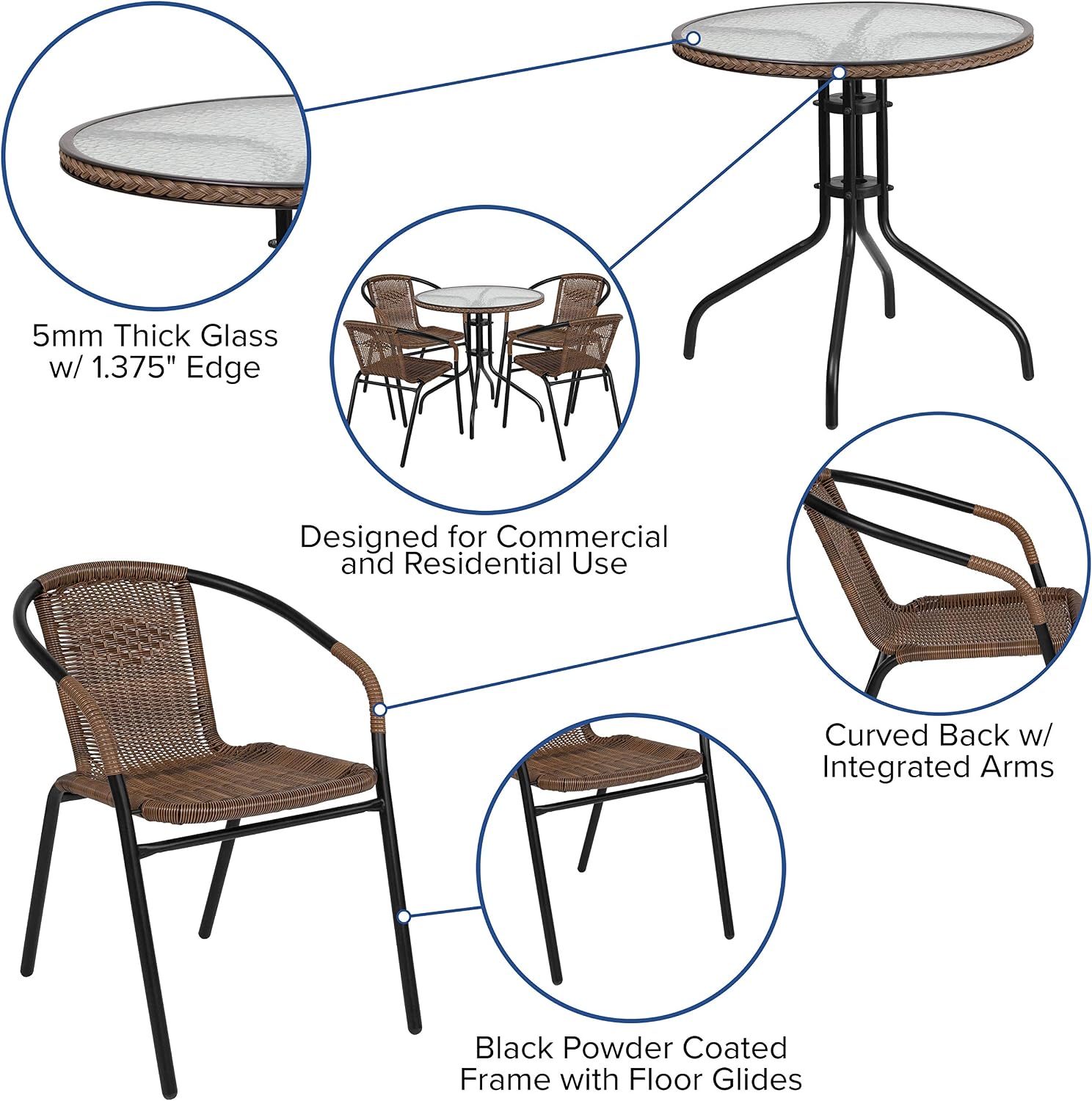 Flash Furniture Lila 28'' Round Glass Metal Table with Dark Brown Rattan Edging and 4 Dark Brown Rattan Stack Chairs