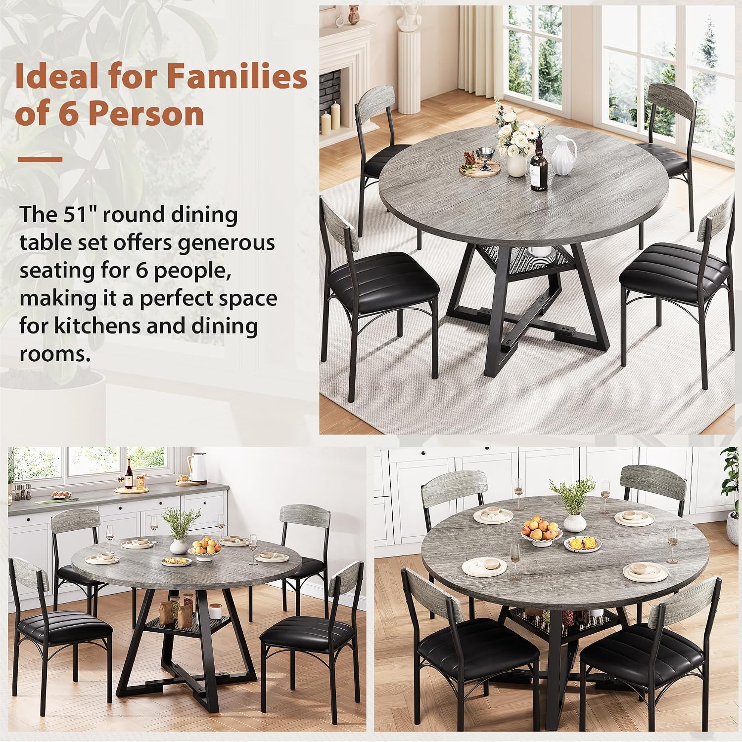 51' Round Dining Table Set for 6, Kitchen Table and Chairs for 4, Circle Table Round Pedestal Dining Room Dinner Dinette Table Set,5 Piece Space Saving Wood Kitchen & Dining Room Tables (Grey, 51In)