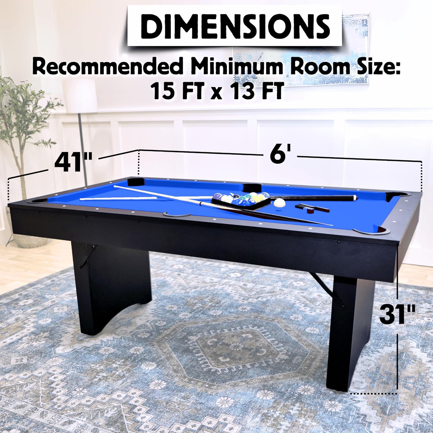Freetime Fun 6 FT Pool Table, No Assembly, Portable, Includes Billiard Tables Accessories- 2 Pool Cues, Set of Balls, Triangle, Pool Table Brush, Chalk