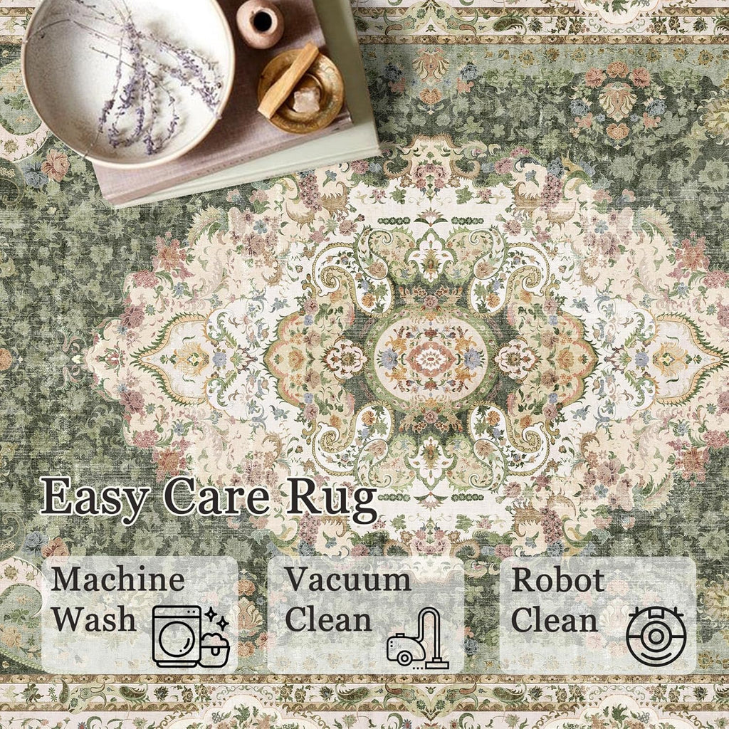 Green Round Rug 9ft, Large Circle Area Rug for Bedroom Living Room Dining Room, Washable Boho Vintage Bohemian Distressed Oriental Carpet Non Slip, Sage Floral 9'x9'