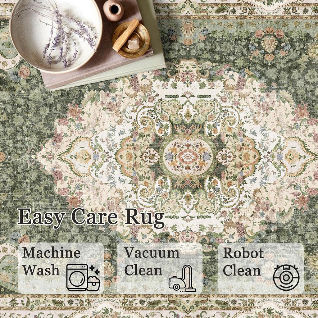 9x12 Area Rugs Washable,Green Rug for Living Room Bedroom Dining Room,Large Boho Vintage Bohemian Distressed Carpet Non Slip,Floral