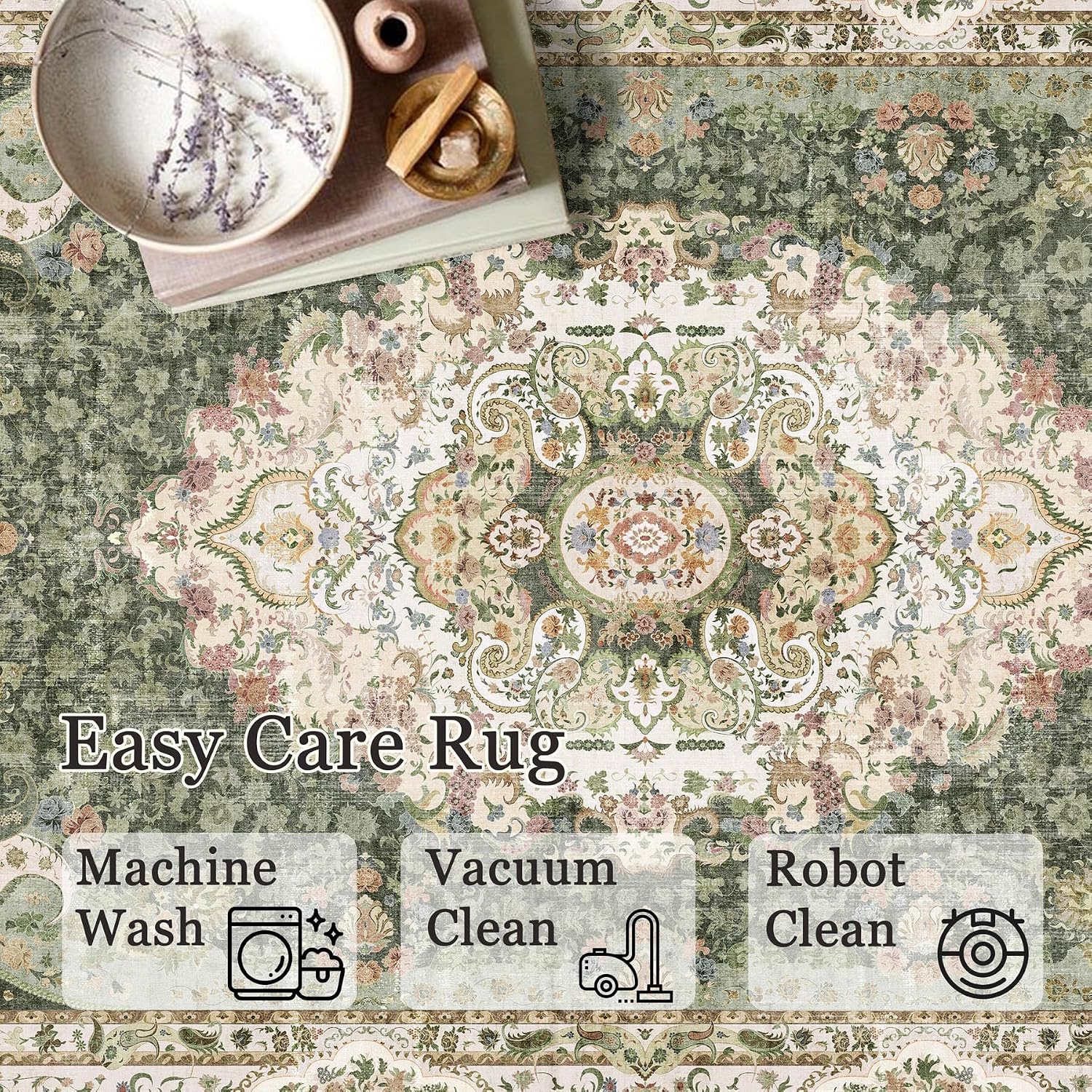 9x12 Area Rugs Washable,Green Rug for Living Room Bedroom Dining Room,Large Boho Vintage Bohemian Distressed Carpet Non Slip,Floral
