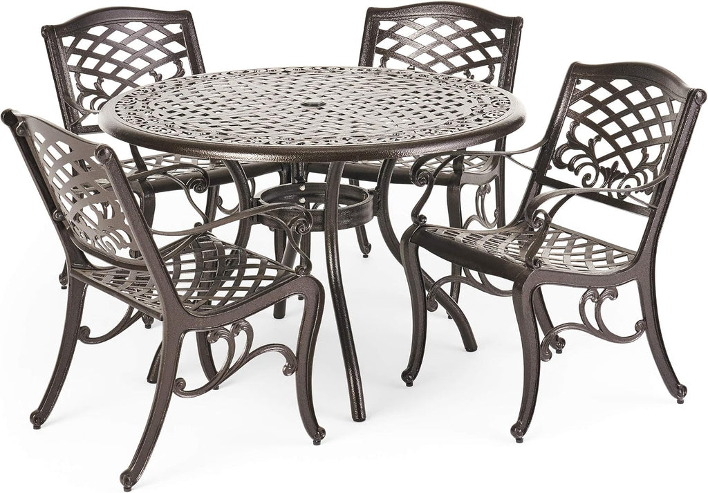 Christopher Knight Home Hallandale Outdoor Cast Aluminum Dining Set for Patio or Deck, 5-Pcs Set, Hammered Bronze