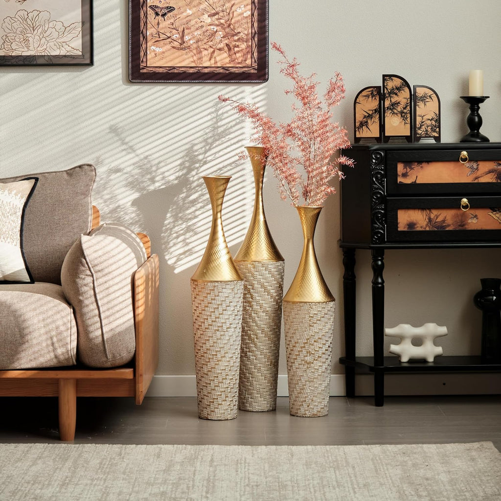 Floor Metal vase Modern Style Decoration Home Woven Pattern Metal vase 3-Piece Set Gorgeous Home Decoration Large Glazed Metal vases (Gold+White Woven Pattern)