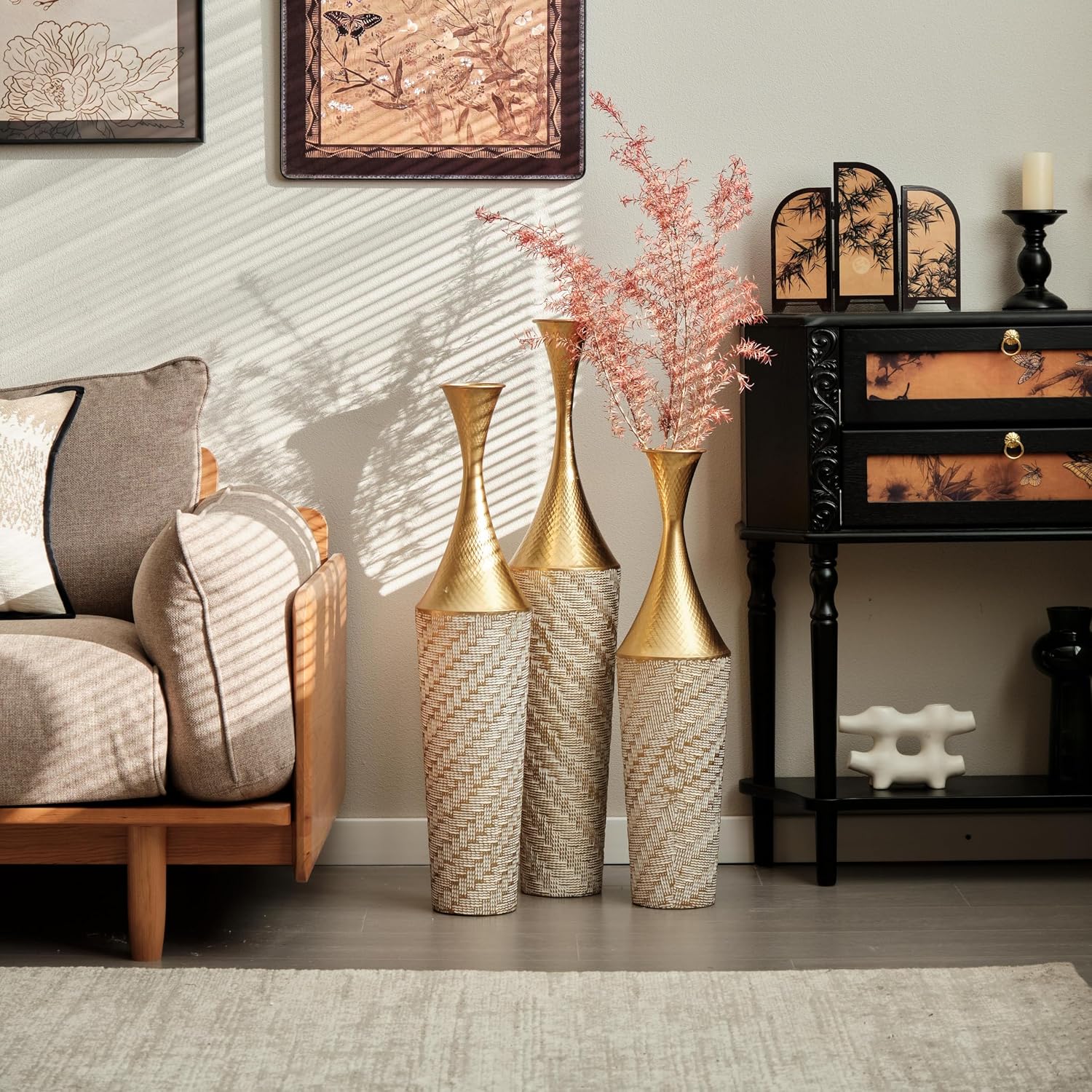 Floor Metal vase Modern Style Decoration Home Woven Pattern Metal vase 3-Piece Set Gorgeous Home Decoration Large Glazed Metal vases (Gold+White Woven Pattern)