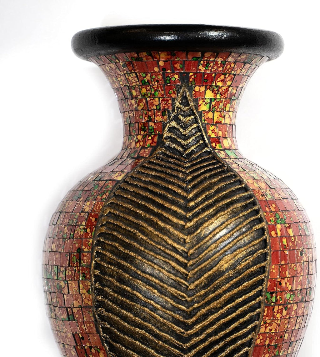 Floor Vase, 24 Inch Mosaic Vase – Tall Cylinder Made of Terracotta with Red, Orange, and Green Glass Mosaic Pieces – Handcrafted Decorative Home Décor Accent Piece for Bedroom, Living Room