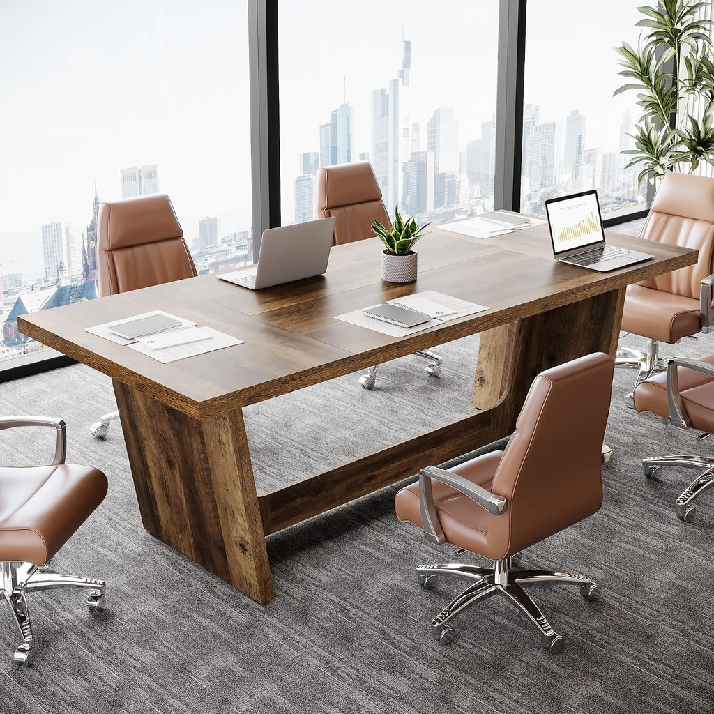 Tribesigns 6 FT Conference Room Table, 71'Large Executive Seminar Desk for 6–8 People, Rectangular Meeting Table for Office, Heavy-Duty Business Boardroom Table with Wooden Pedestal Base, Dark Brown