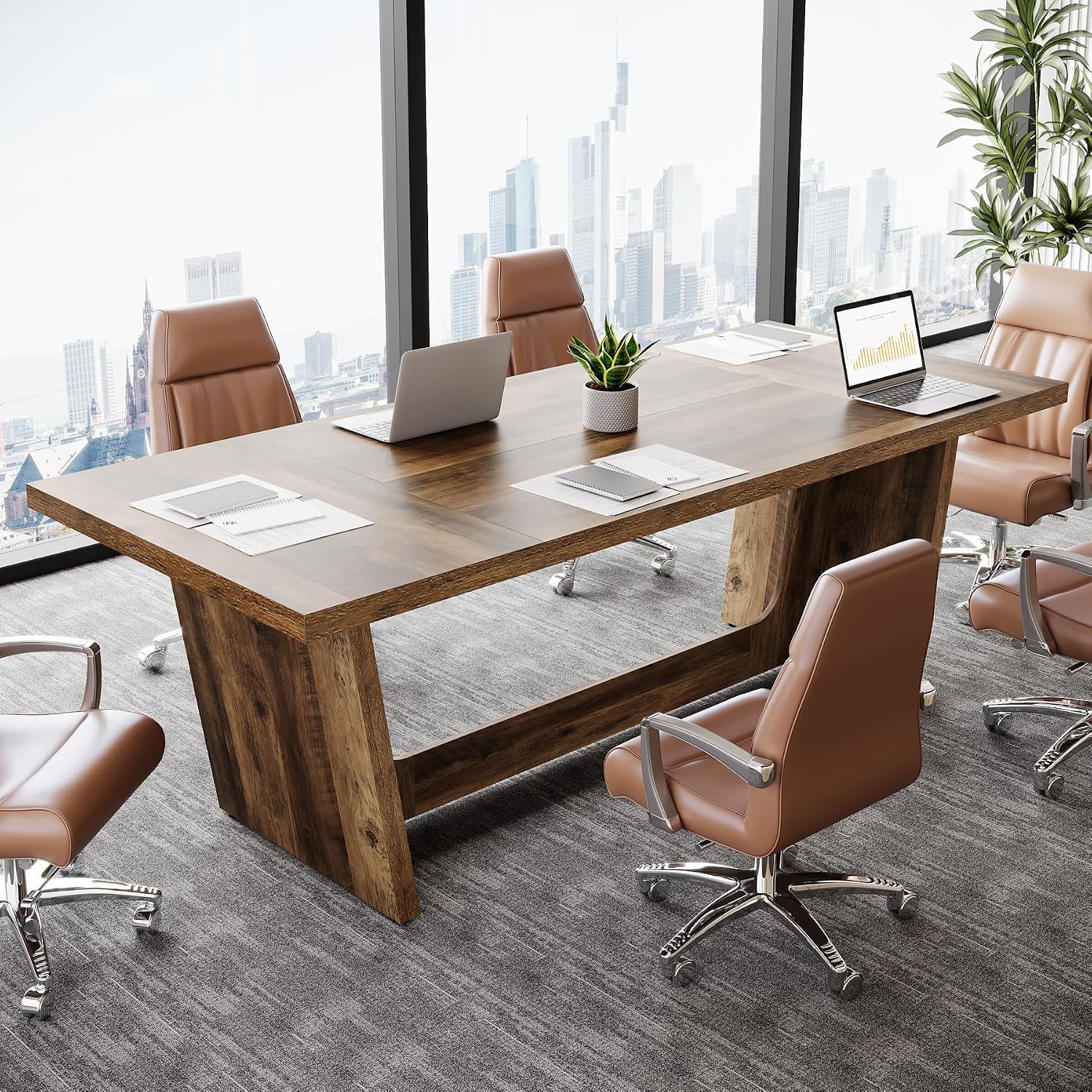 Tribesigns 6 FT Conference Room Table, 71'Large Executive Seminar Desk for 6–8 People, Rectangular Meeting Table for Office, Heavy-Duty Business Boardroom Table with Wooden Pedestal Base, Dark Brown