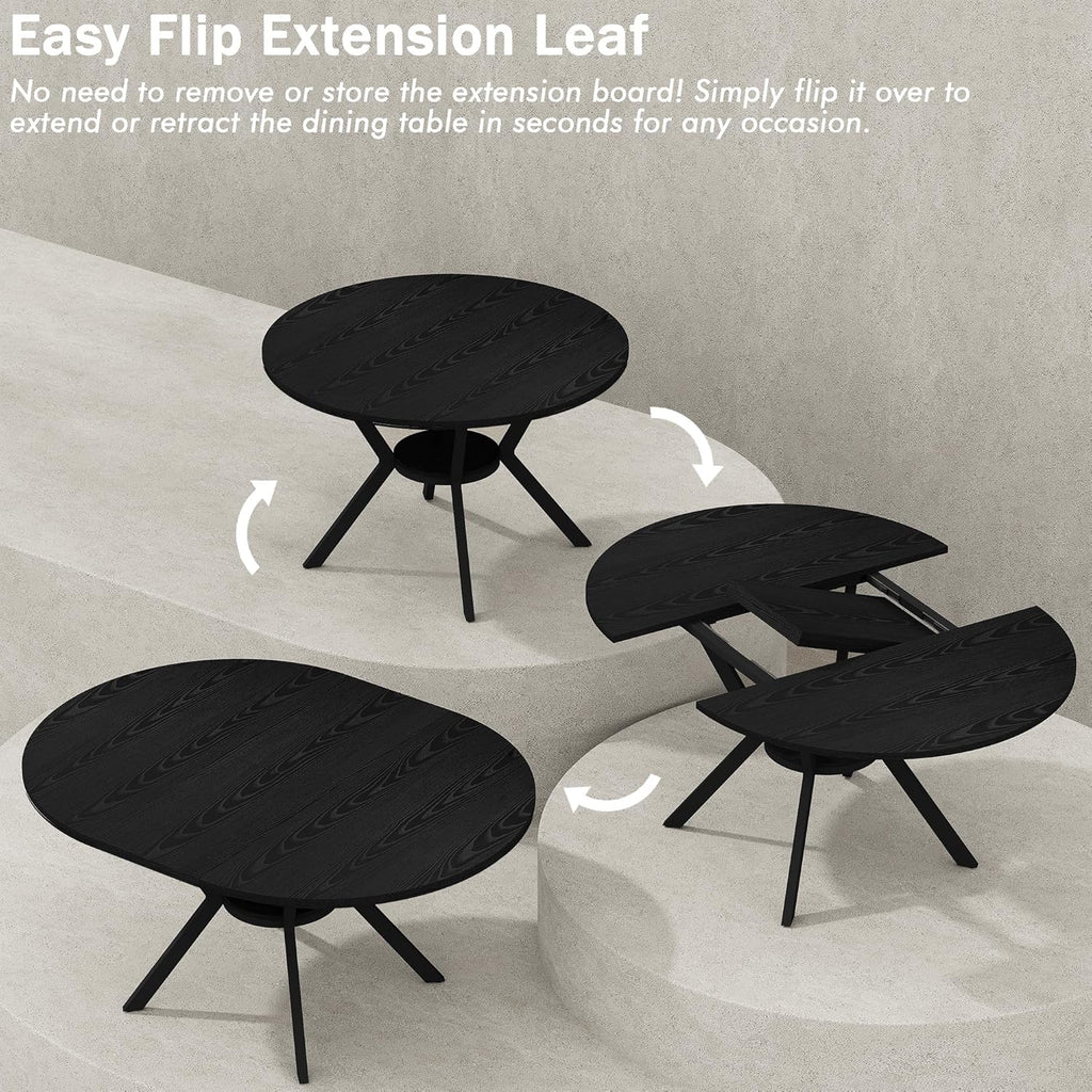 42'-58' Extendable Round Dining Table with Built-in Flip Leaf, Modern Oval Kitchen Table for 4-6, Space-Saving Small Room Furniture with Storage Shelf and X-Shaped Metal Base for Kitchen, Dining Room