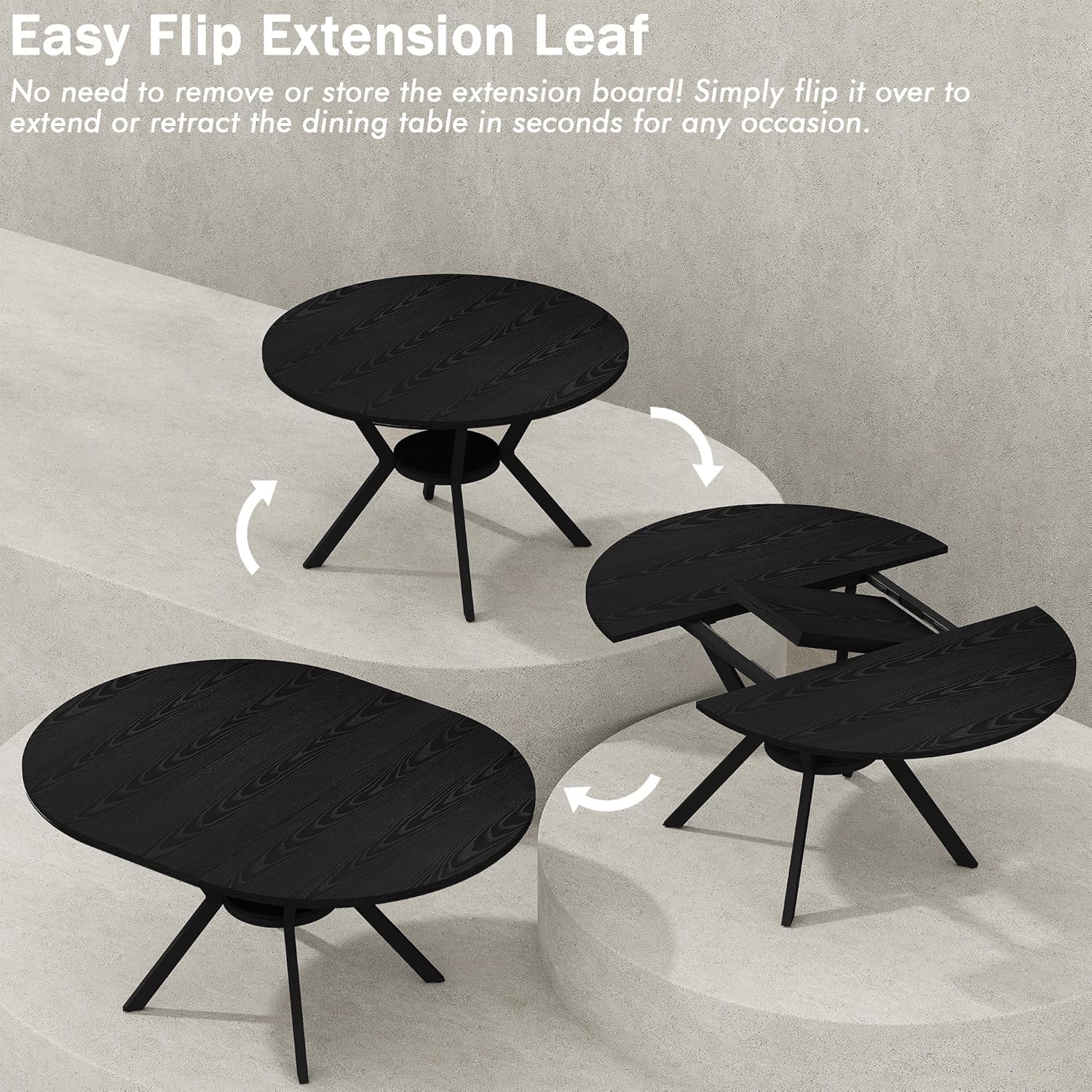 42'-58' Extendable Round Dining Table with Built-in Flip Leaf, Modern Oval Kitchen Table for 4-6, Space-Saving Small Room Furniture with Storage Shelf and X-Shaped Metal Base for Kitchen, Dining Room