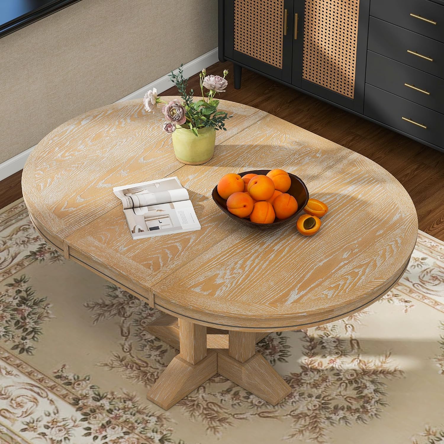 LUMISOL LUMISO Extendable Round Dining Table for 4-8, Solid Wood Expandable Oval Kitchen Table with Removable Leaf, 42'-58'' Dinner Table for Kitchen, Dining Table, Small Space, Natural