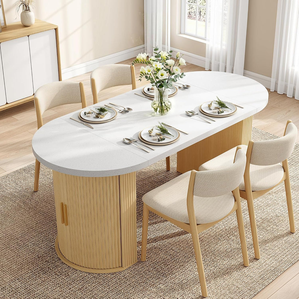 IRONCK 71' Oval Dining Table for 4-8, Modern Farmhouse Dining Table with Hidden Storage & Fluted Base, 1.6' Thick Faux Quartz Top, Dinner Table for Dining Room Kitchen Home Office, Oak